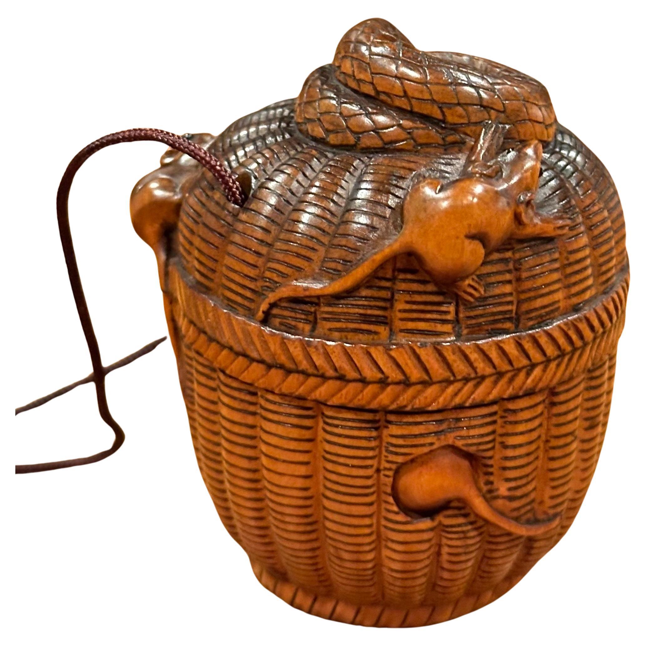 Hand-Carved Japanese Boxwood Inro & Netsuke of Rats and Snakes in Basket For Sale