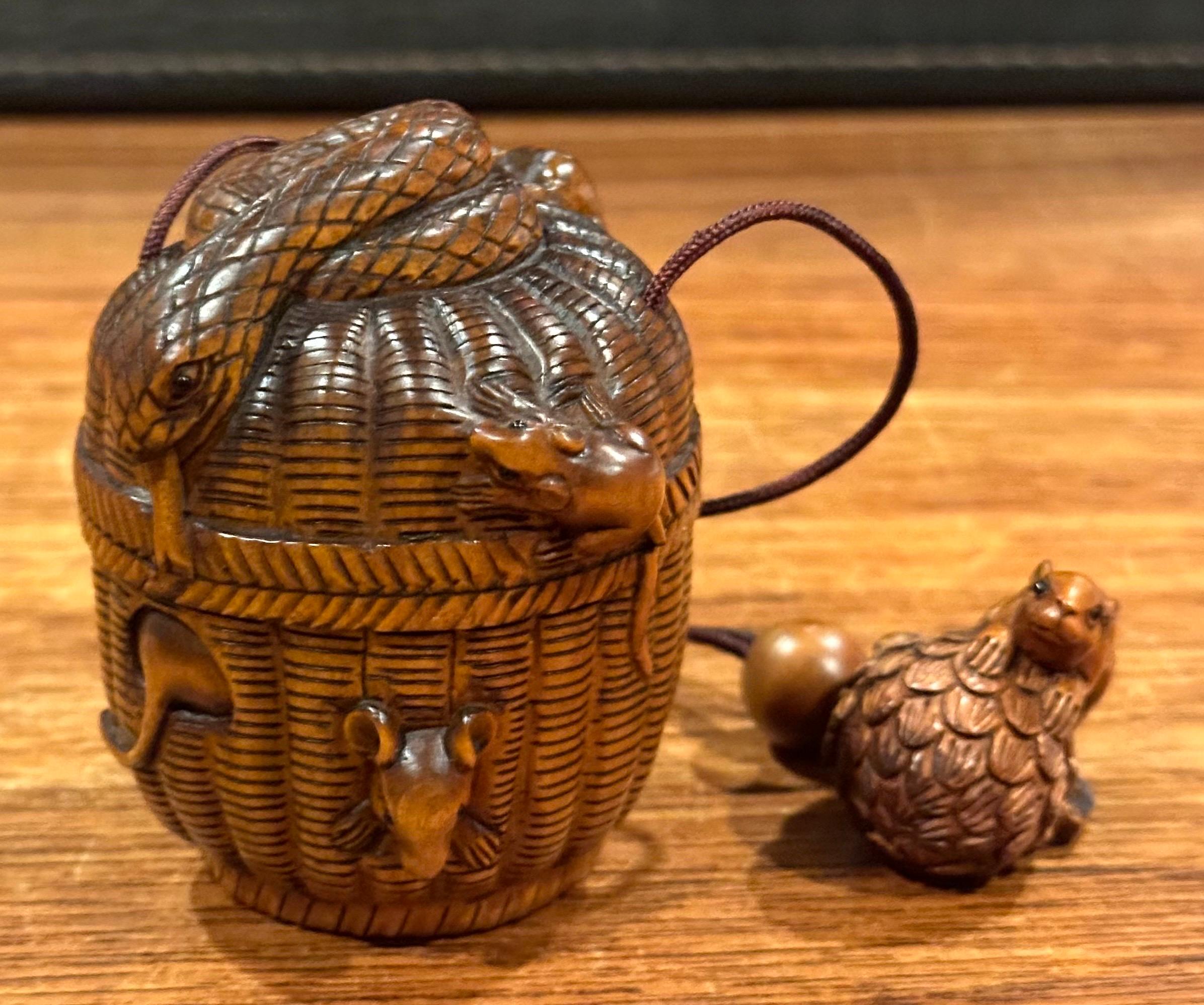 20th Century Japanese Boxwood Inro & Netsuke of Rats and Snakes in Basket For Sale