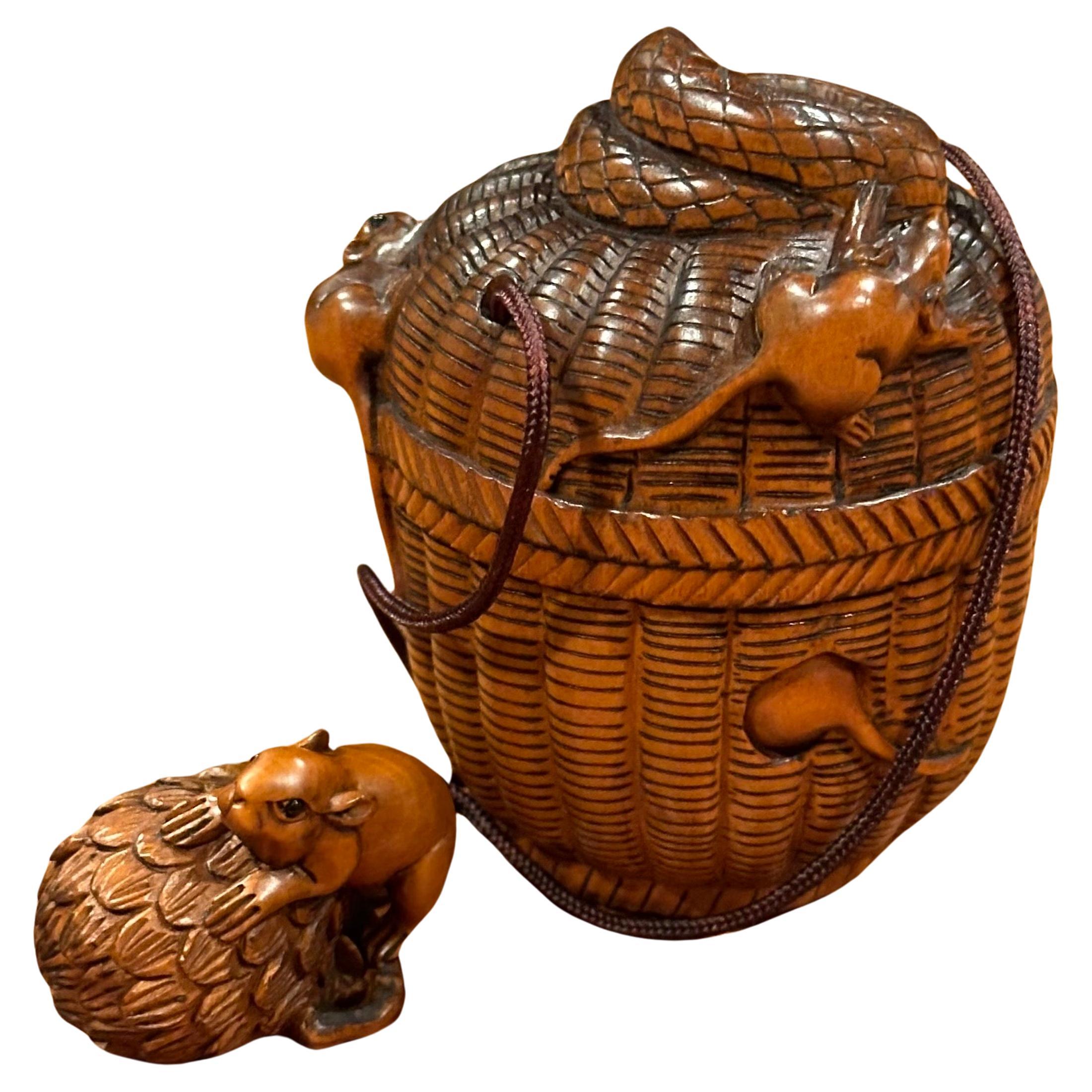 Japanese Boxwood Inro & Netsuke of Rats and Snakes in Basket