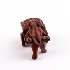 Japanese Boxwood Netsuke Inro of Mouse with Wheelbarrow
