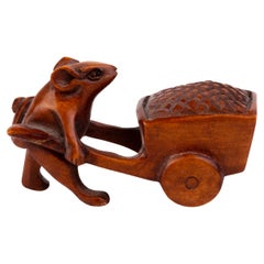 Vintage Japanese Boxwood Netsuke Inro of Mouse with Wheelbarrow 