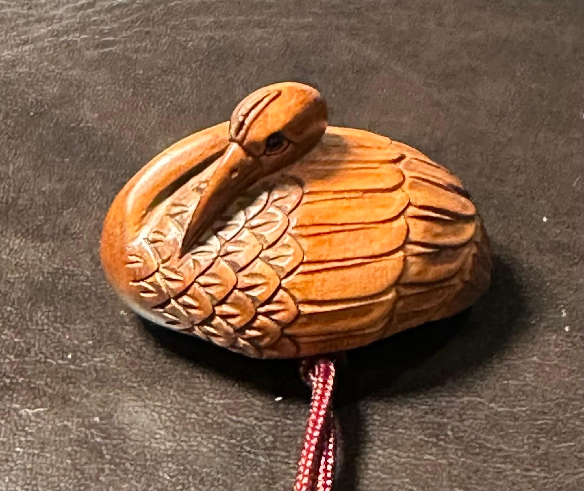 Japanese Boxwood Three Section Inro & Netsuke of Cranes by Tomotada 8