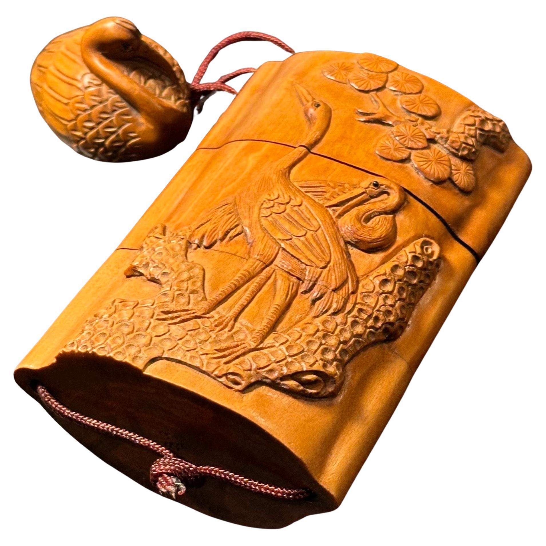 Japanese Boxwood Three Section Inro & Netsuke of Cranes by Tomotada 12