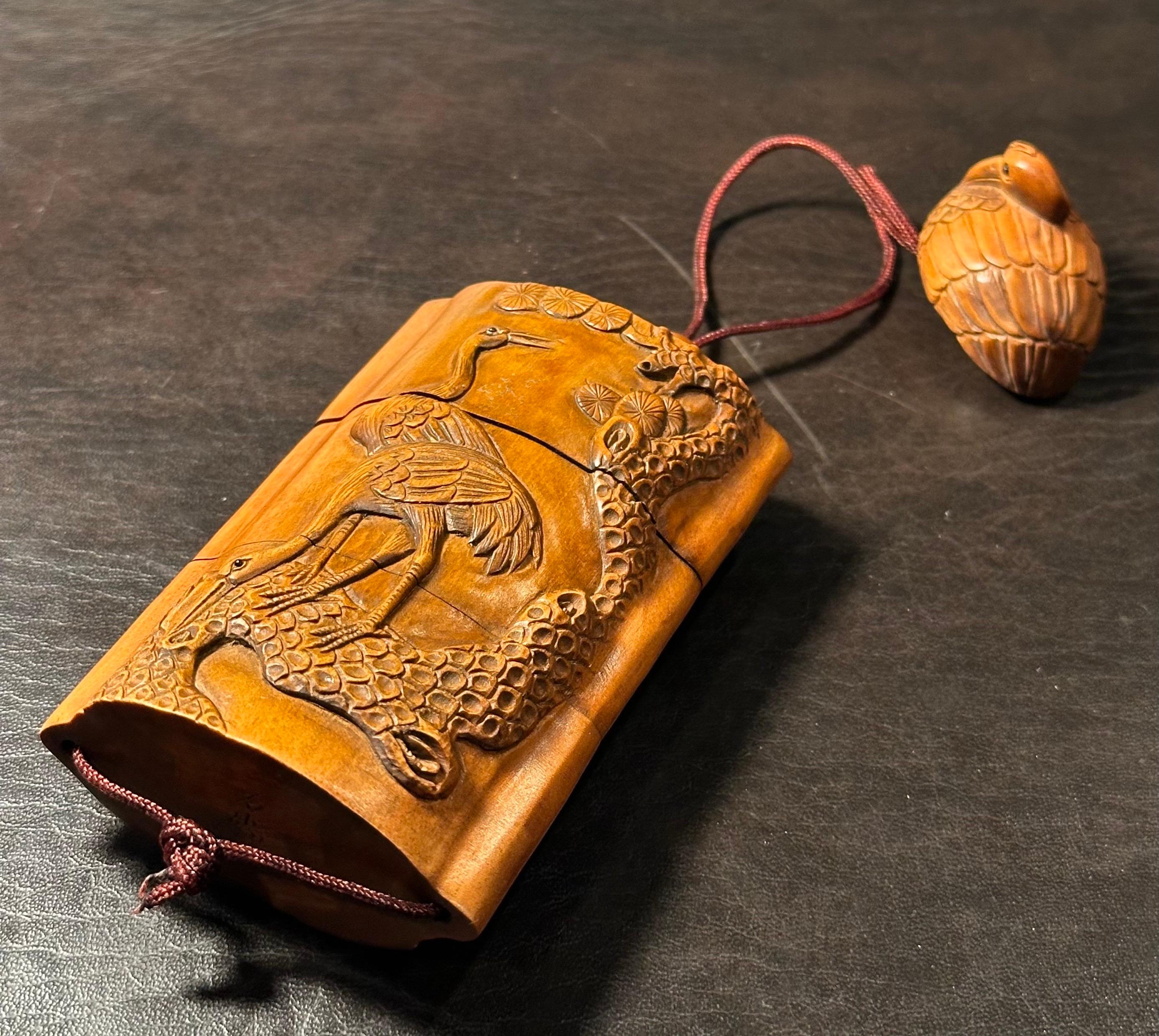 20th Century Japanese Boxwood Three Section Inro & Netsuke of Cranes by Tomotada