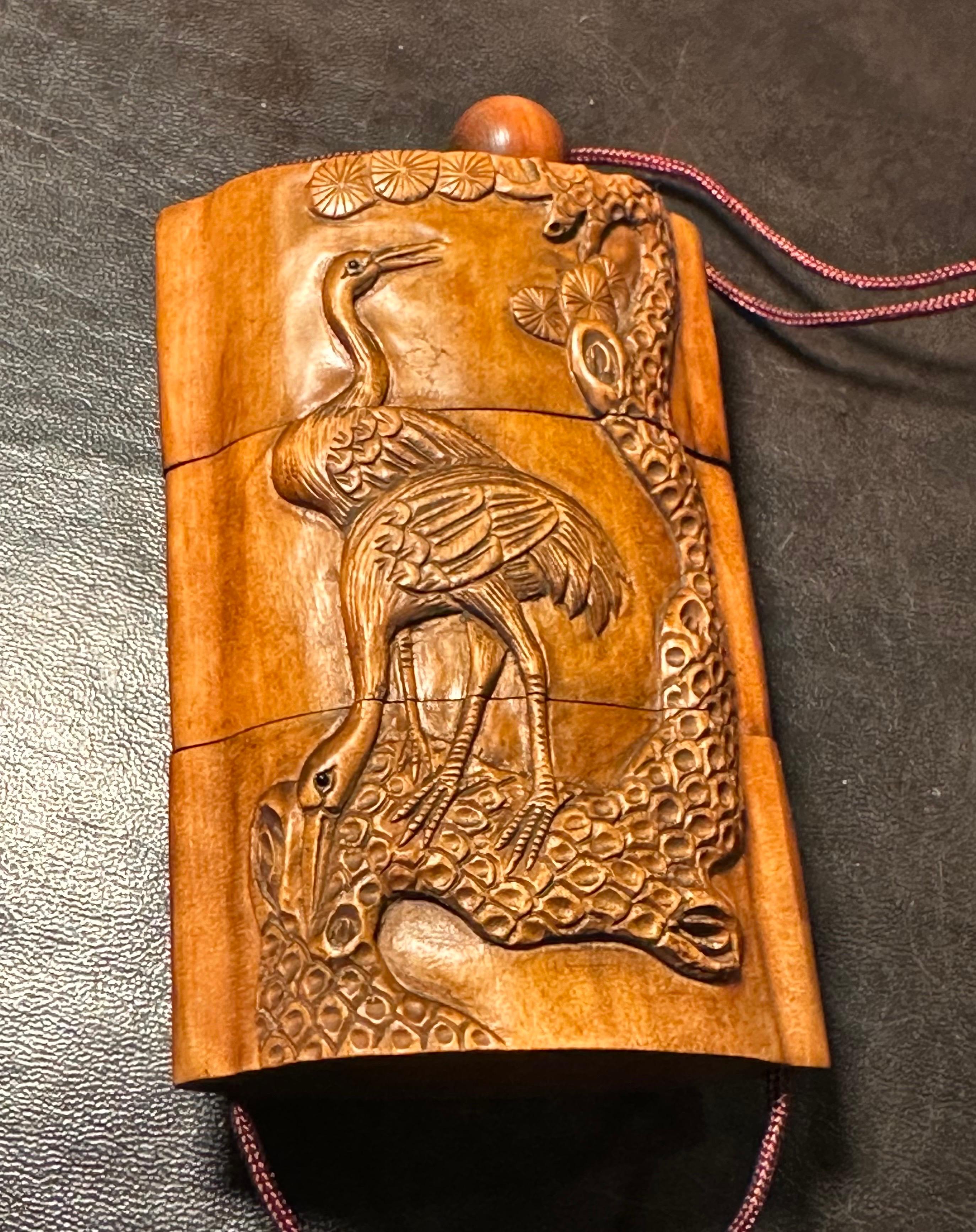 Japanese Boxwood Three Section Inro & Netsuke of Cranes by Tomotada 1