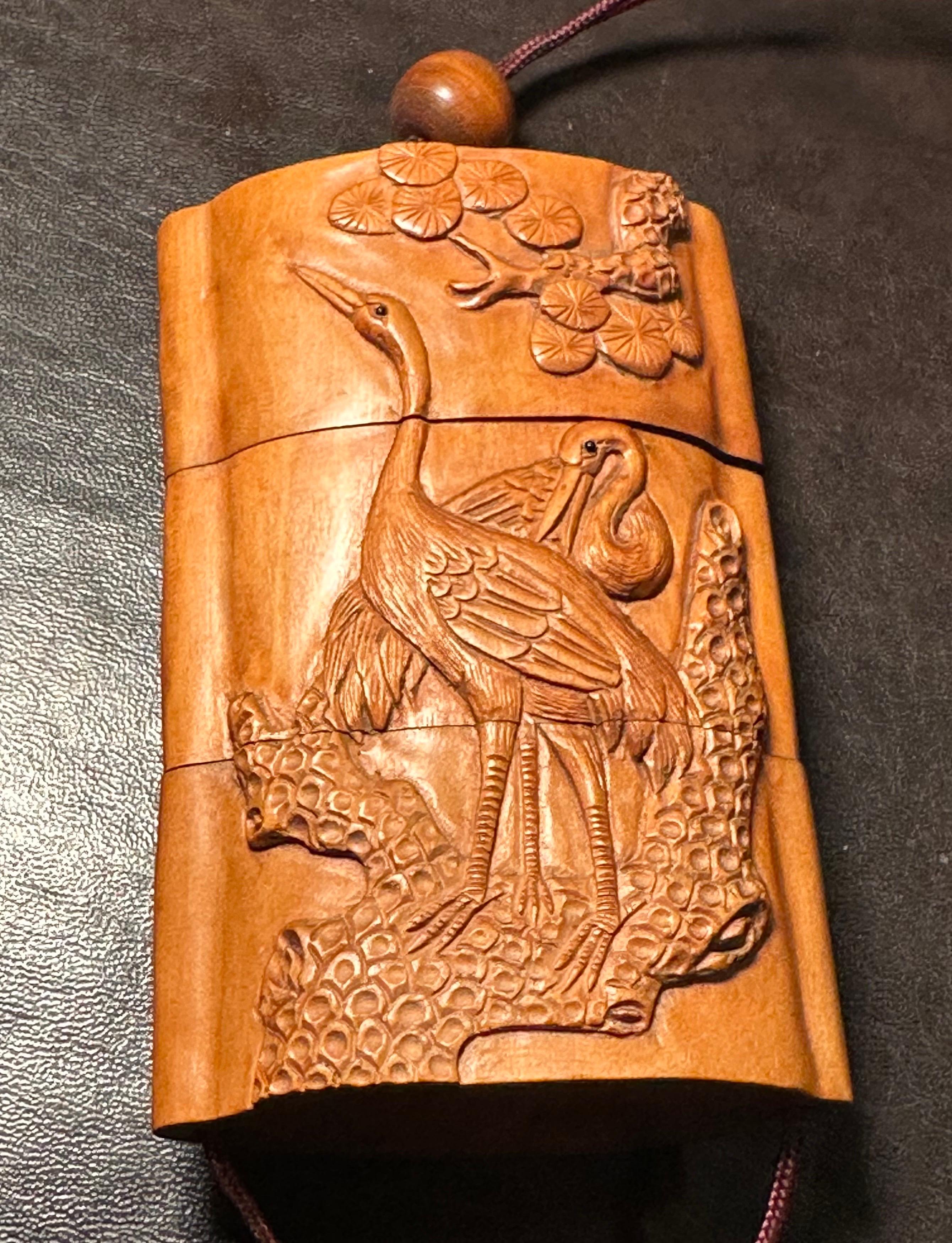 Japanese Boxwood Three Section Inro & Netsuke of Cranes by Tomotada 2