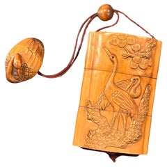 Japanese Boxwood Three Section Inro & Netsuke of Cranes by Tomotada 