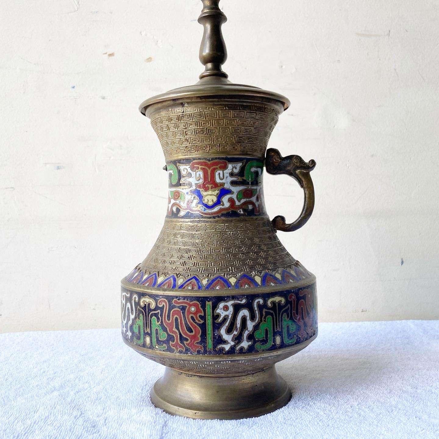 Mid-20th Century Japanese Brass and Enamel Champleve Table Lamp For Sale