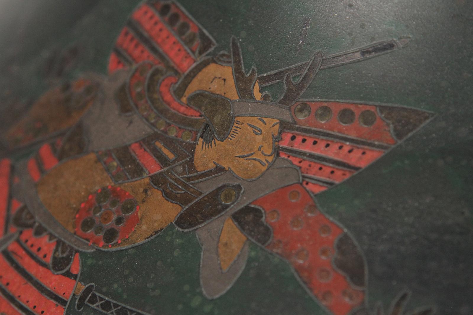 Japanese Brass Inlaid Meiji Period Bowl Depicting Samurai Warriors 1