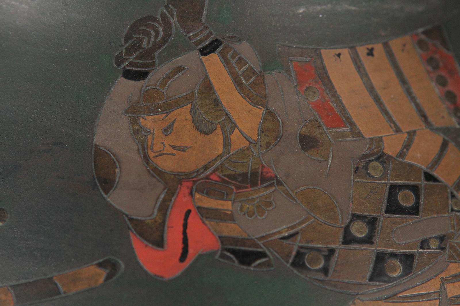 Japanese Brass Inlaid Meiji Period Bowl Depicting Samurai Warriors 2