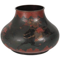 Japanese Brass Inlaid Meiji Period Bowl Depicting Samurai Warriors