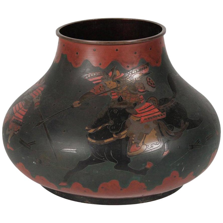 Japanese Brass Inlaid Meiji Period Bowl Depicting Samurai Warriors