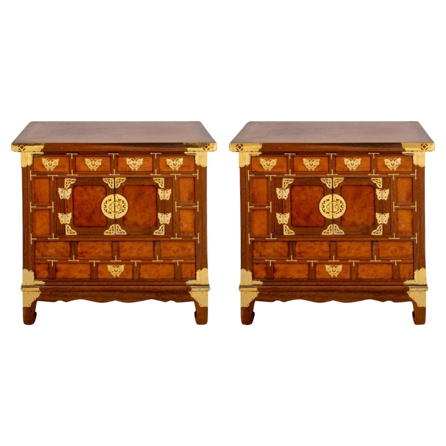 Japanese Brass-Mounted Yew Wood Cabinets, 2 For Sale
