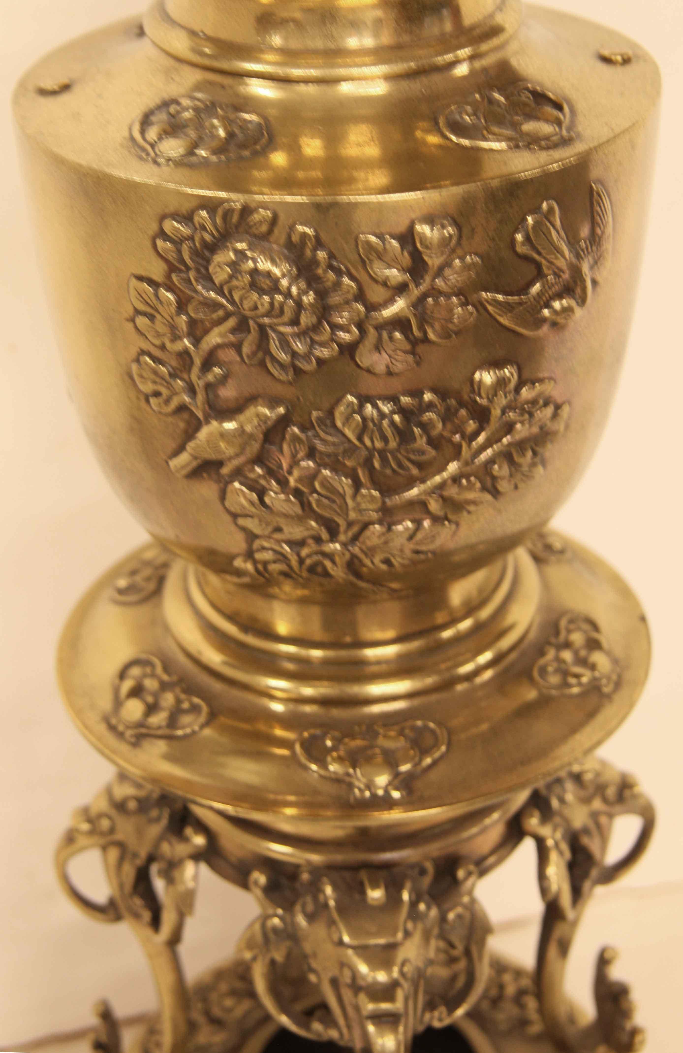Japanese brass vase lamp , this vase has been converted to a lamp ( the rose wood base has been added,  it is not currently wired , however we have professionals on staff that will wire it should purchase be made, included in the quoted price ) the