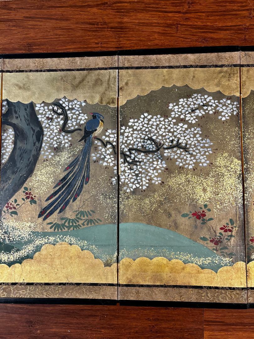 Meiji Japanese Brilliant Blue Bird Of Paradise Gold Screen For Sale