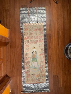 Japanese Brilliant Colors Blue Kanon Guanyin Buddha Pilgrimage Silk Scroll