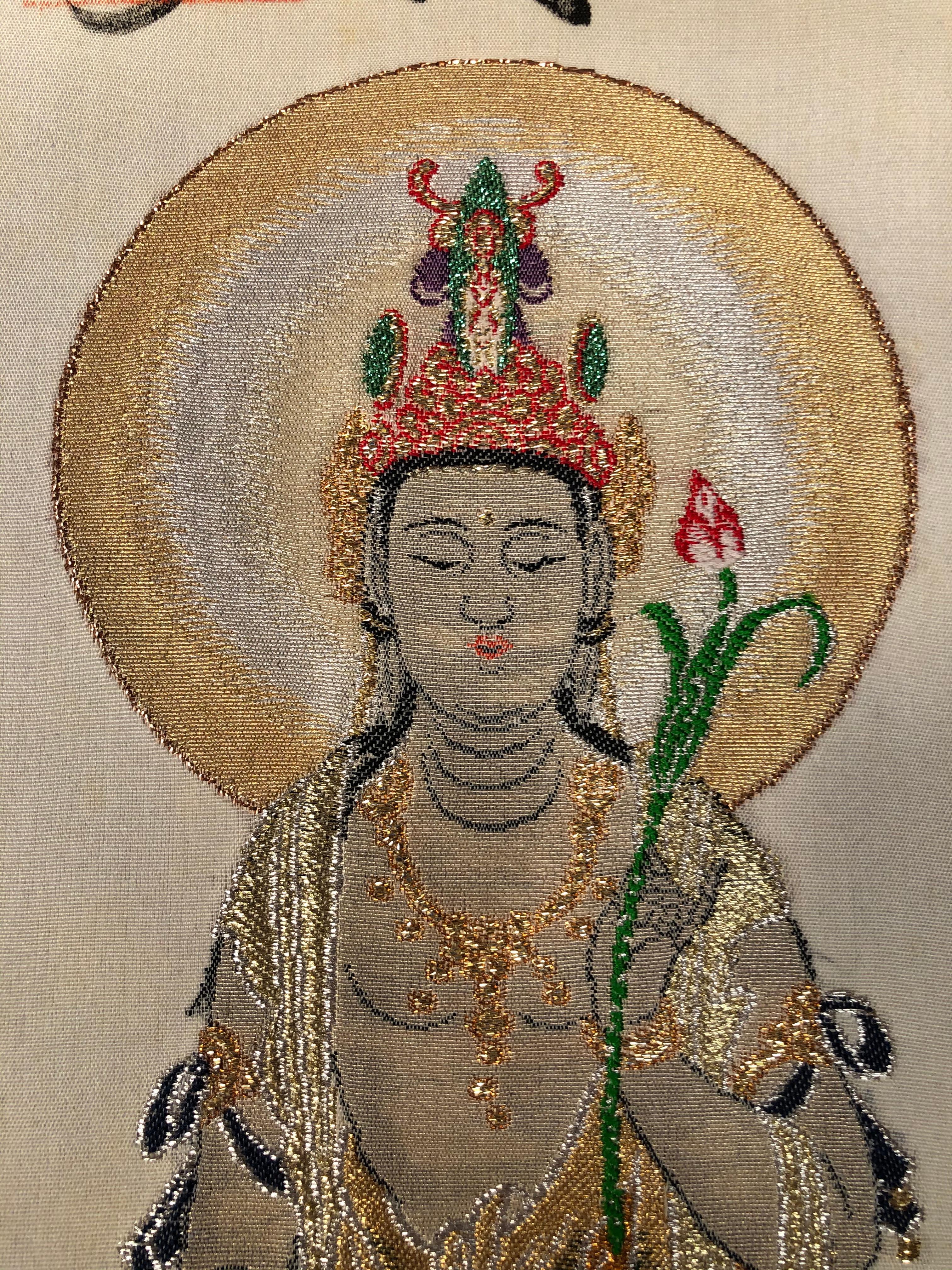 Hand-Painted Japanese Brilliant Colors Kanon Guanyin Buddha Pilgrimage Silk Scroll, Signed