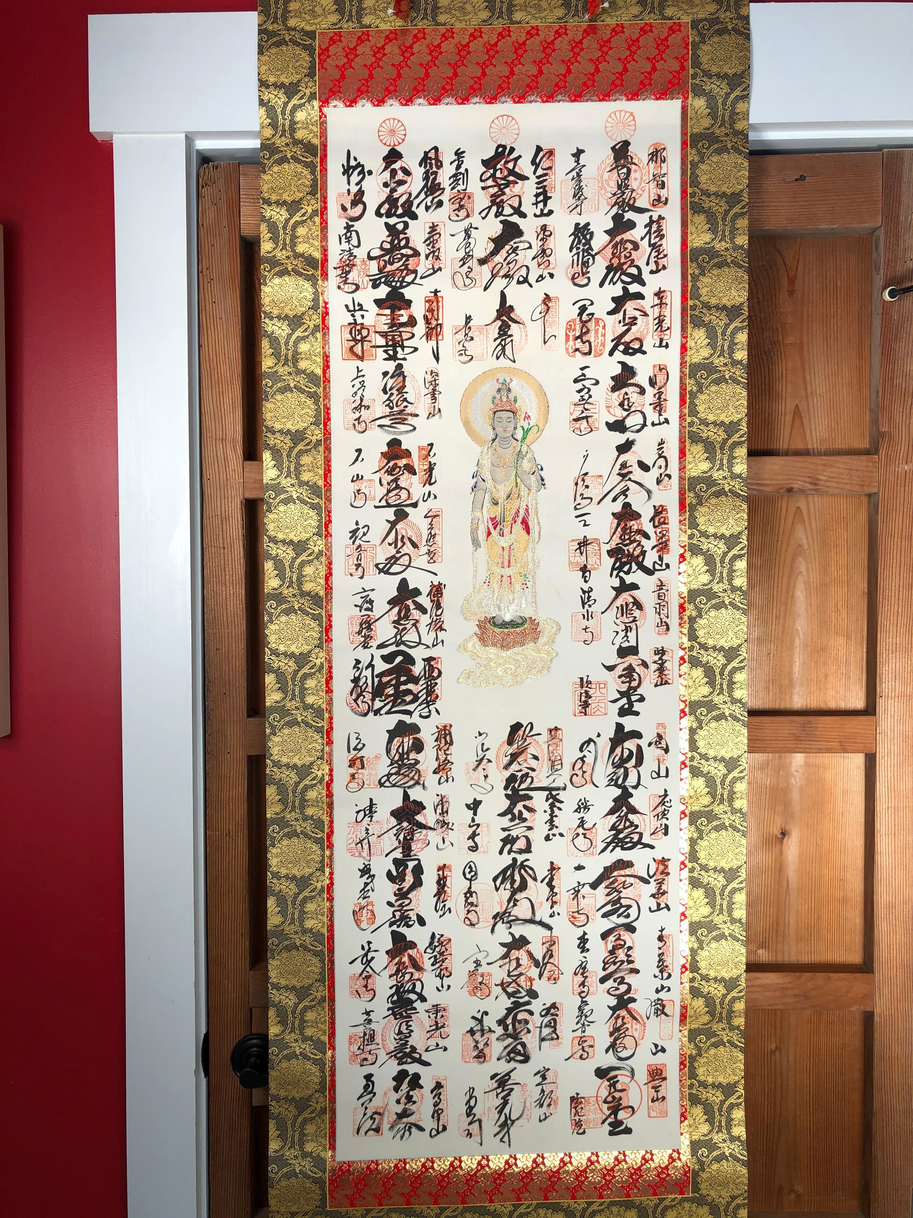 20th Century Japanese Brilliant Colors Kanon Guanyin Buddha Pilgrimage Silk Scroll, Signed