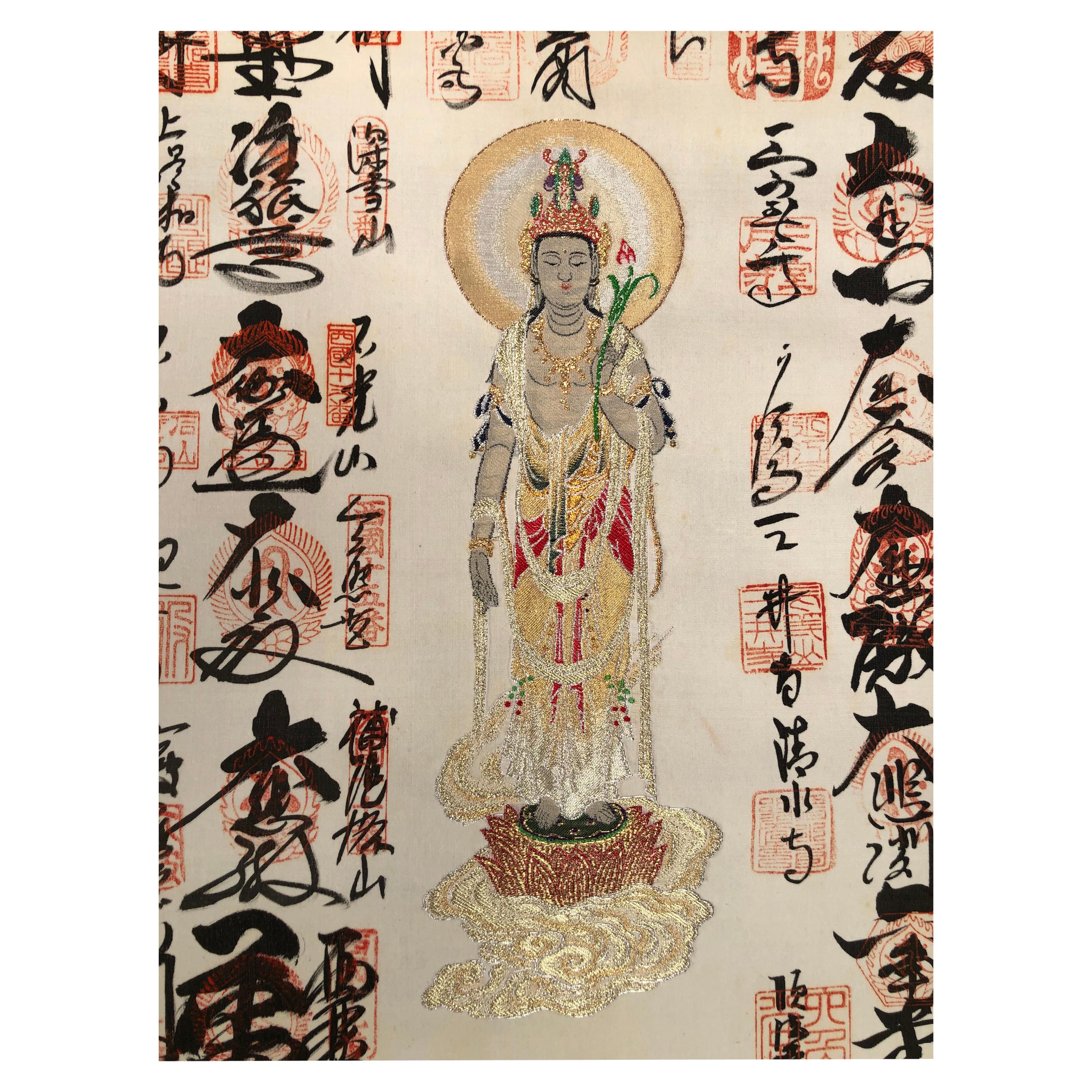 Japanese Brilliant Colors Kanon Guanyin Buddha Pilgrimage Silk Scroll, Signed