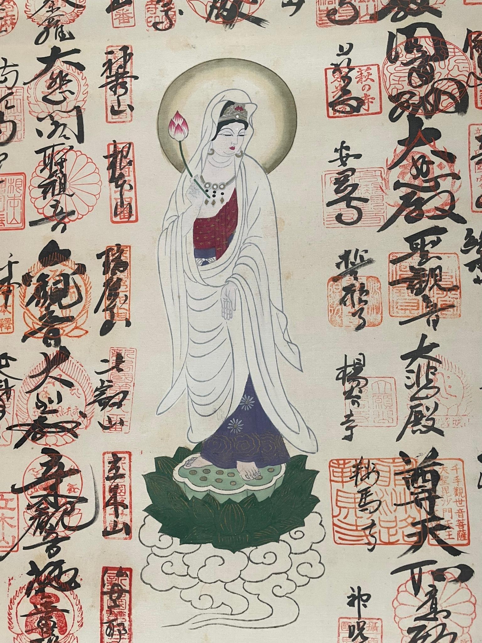 Showa Japanese Brilliant Colors White Kanon Guanyin Buddha Pilgrimage Silk Scroll