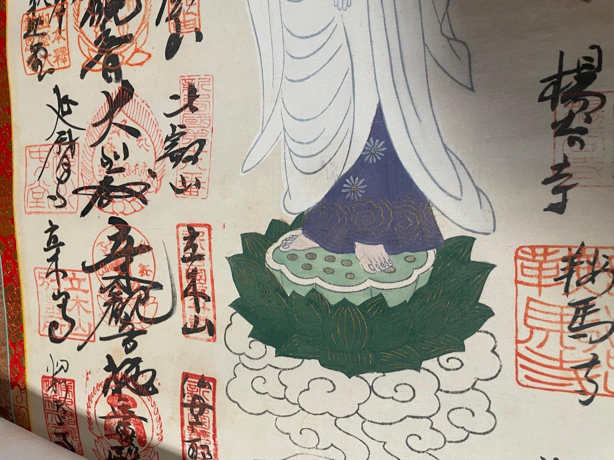 20th Century Japanese Brilliant Colors White Kanon Guanyin Buddha Pilgrimage Silk Scroll