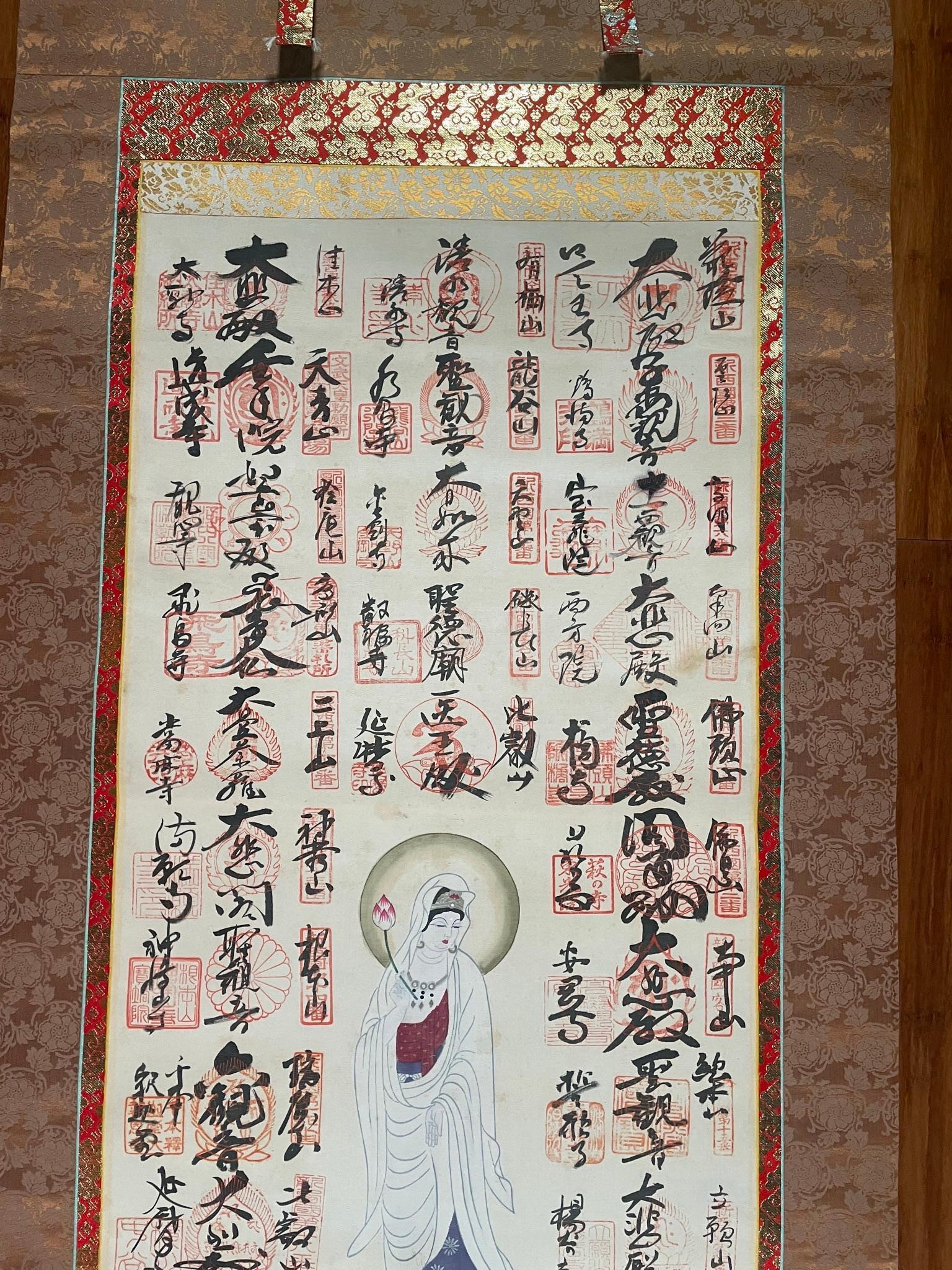 Japanese Brilliant Colors White Kanon Guanyin Buddha Pilgrimage Silk Scroll 1