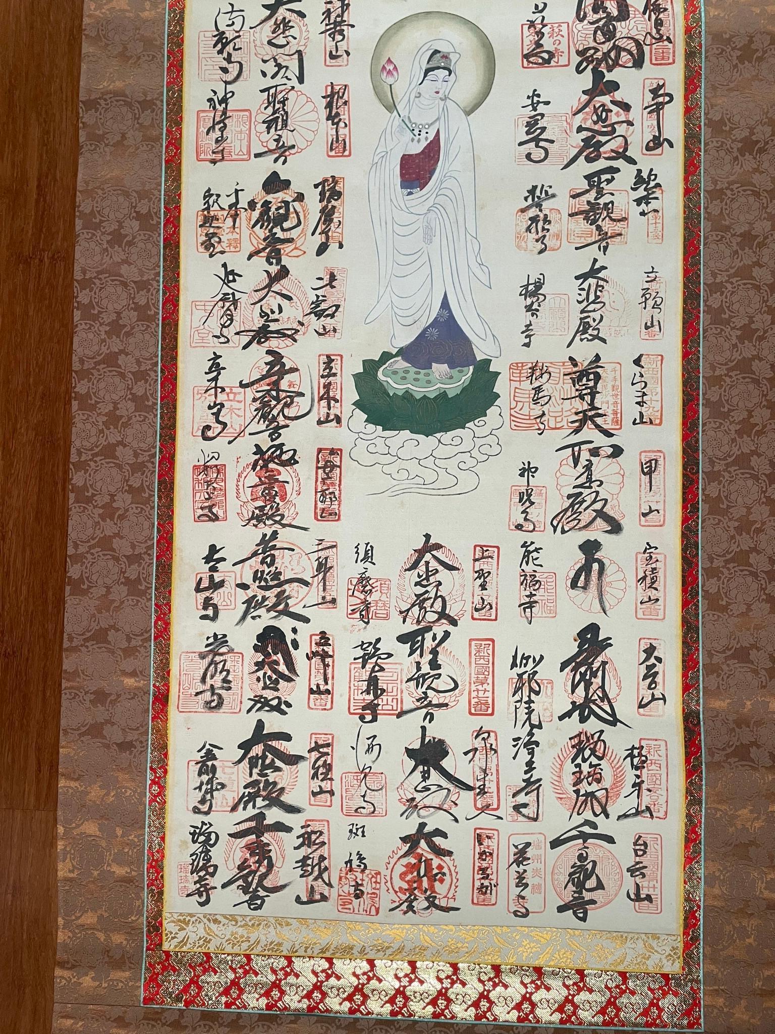 Japanese Brilliant Colors White Kanon Guanyin Buddha Pilgrimage Silk Scroll 2