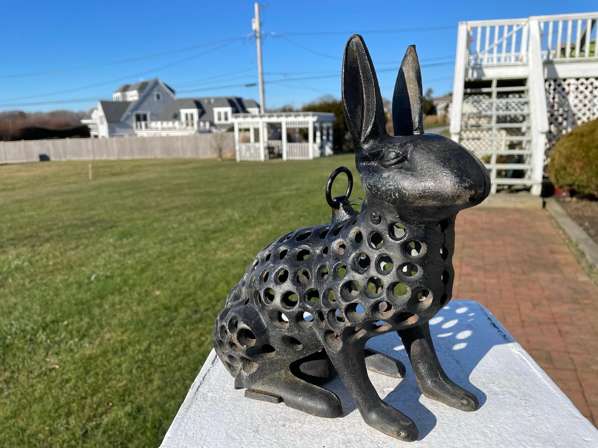 From our recent Japanese acquisitions, a rare hare that bursts with brilliant night light 

Brilliantly Designed and Beautiful to Admire at Night 

Japan, this handsome quality old style seated rabbit motif iron garden lantern is an exceptionally