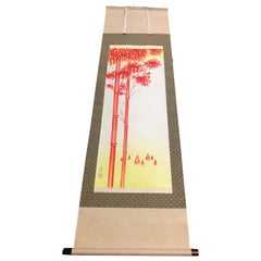 Vintage Japanese "Brilliant Red Bamboo" Fine Hand Painted Scroll Signed