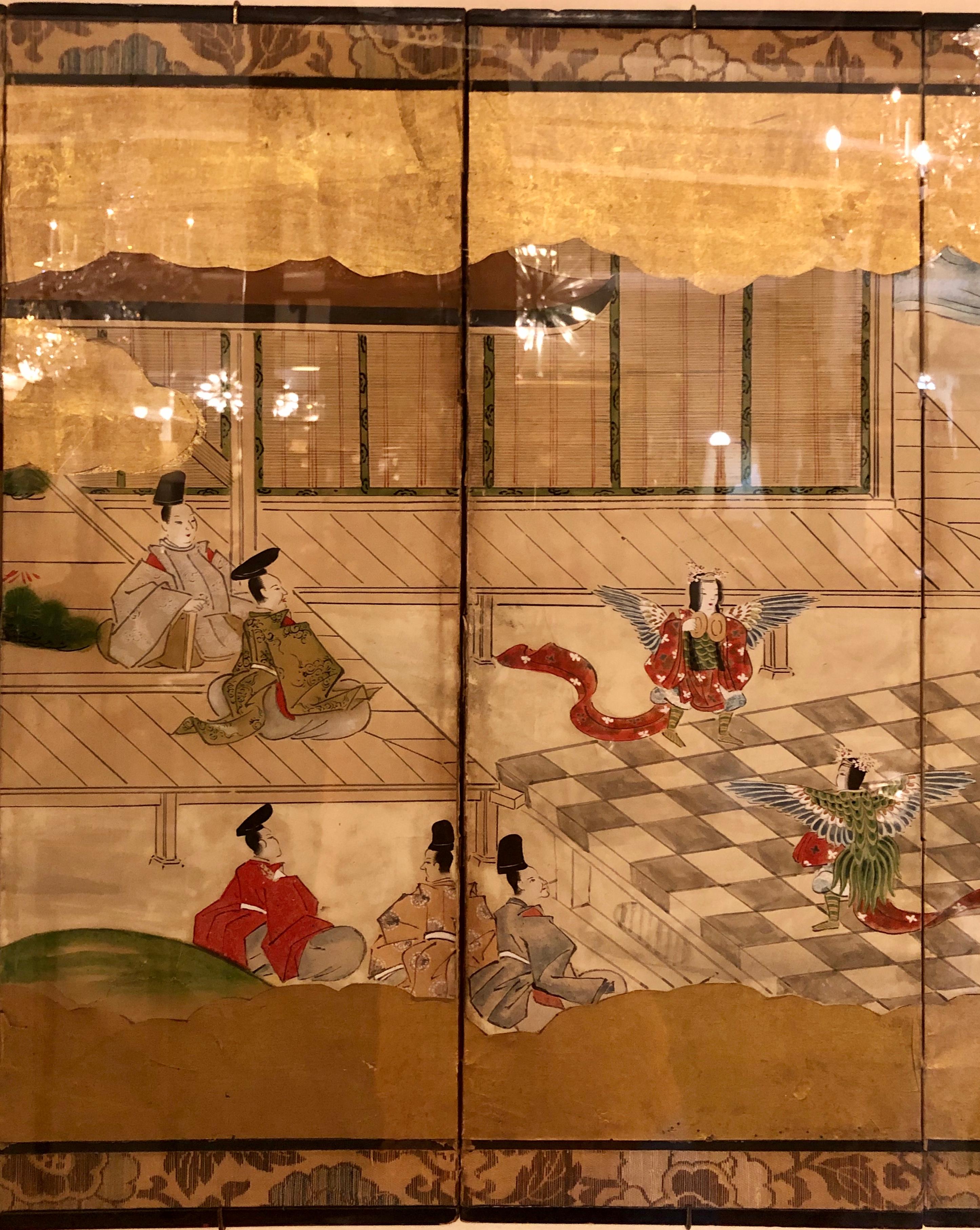 Japanese Brilliant Silk Gilt Screen Six-Panel Under Glass Gold Framed 3
