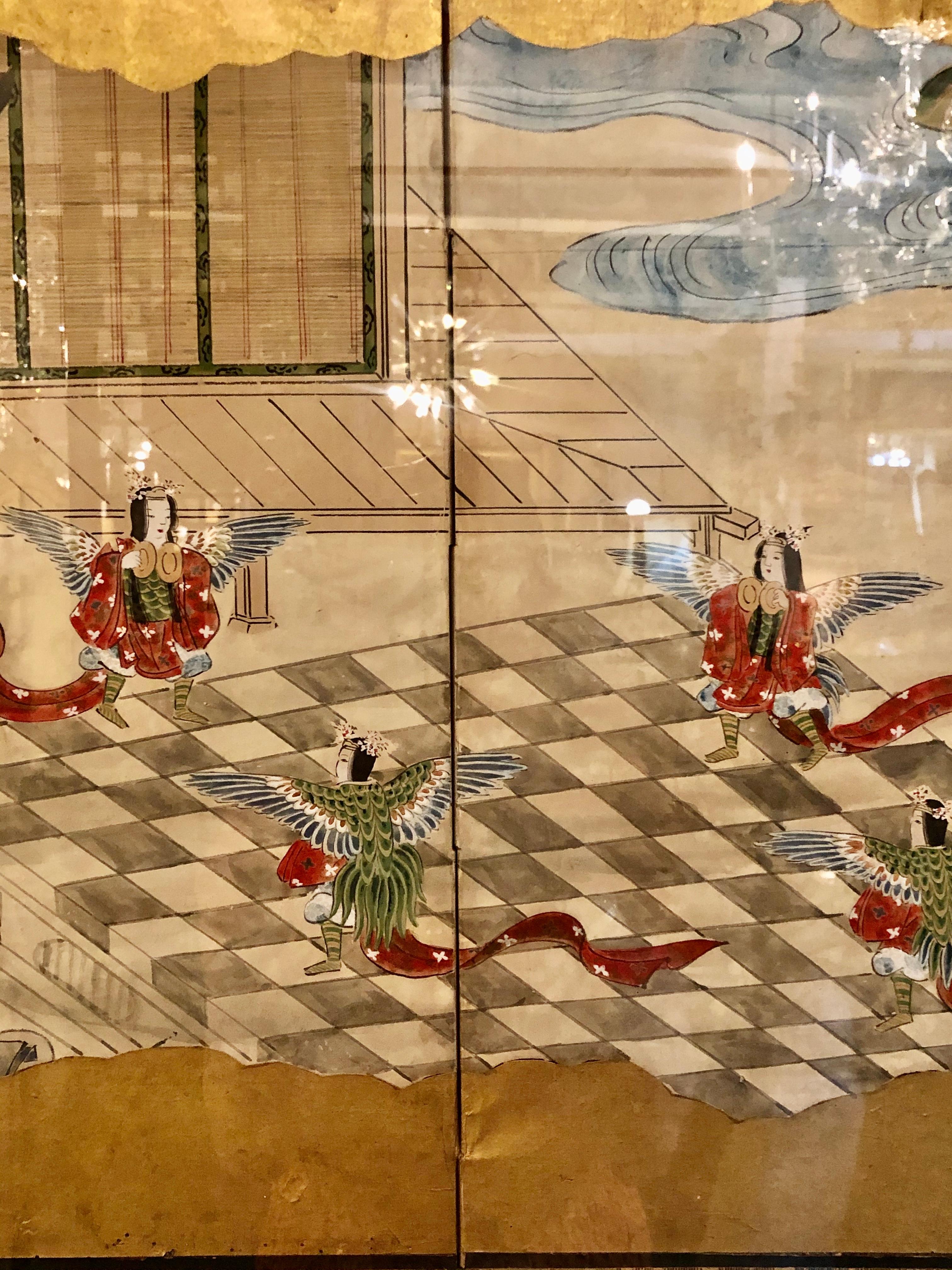 Japanese Brilliant Silk Gilt Screen Six-Panel Under Glass Gold Framed 4