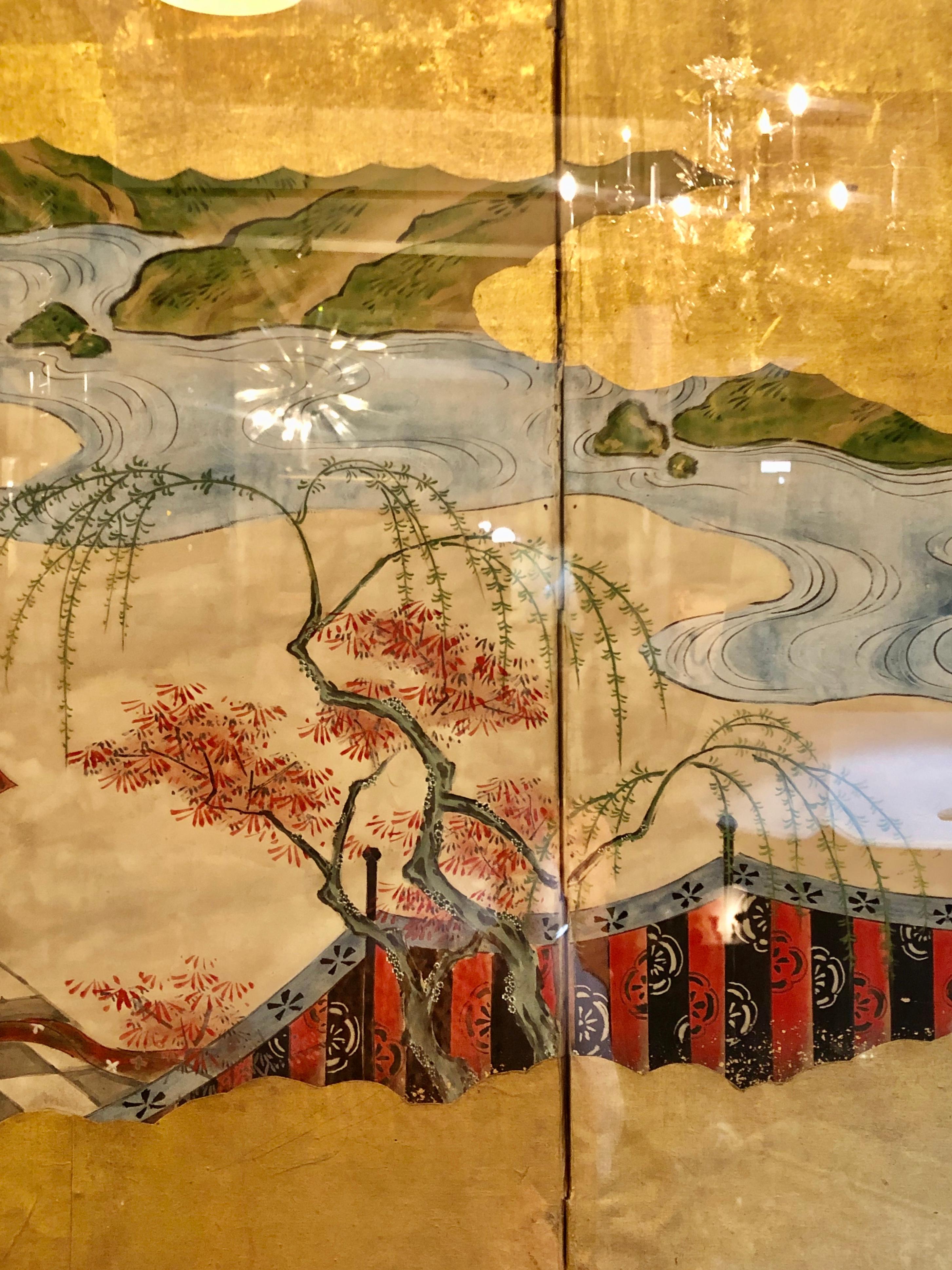 Japanese Brilliant Silk Gilt Screen Six-Panel Under Glass Gold Framed 5