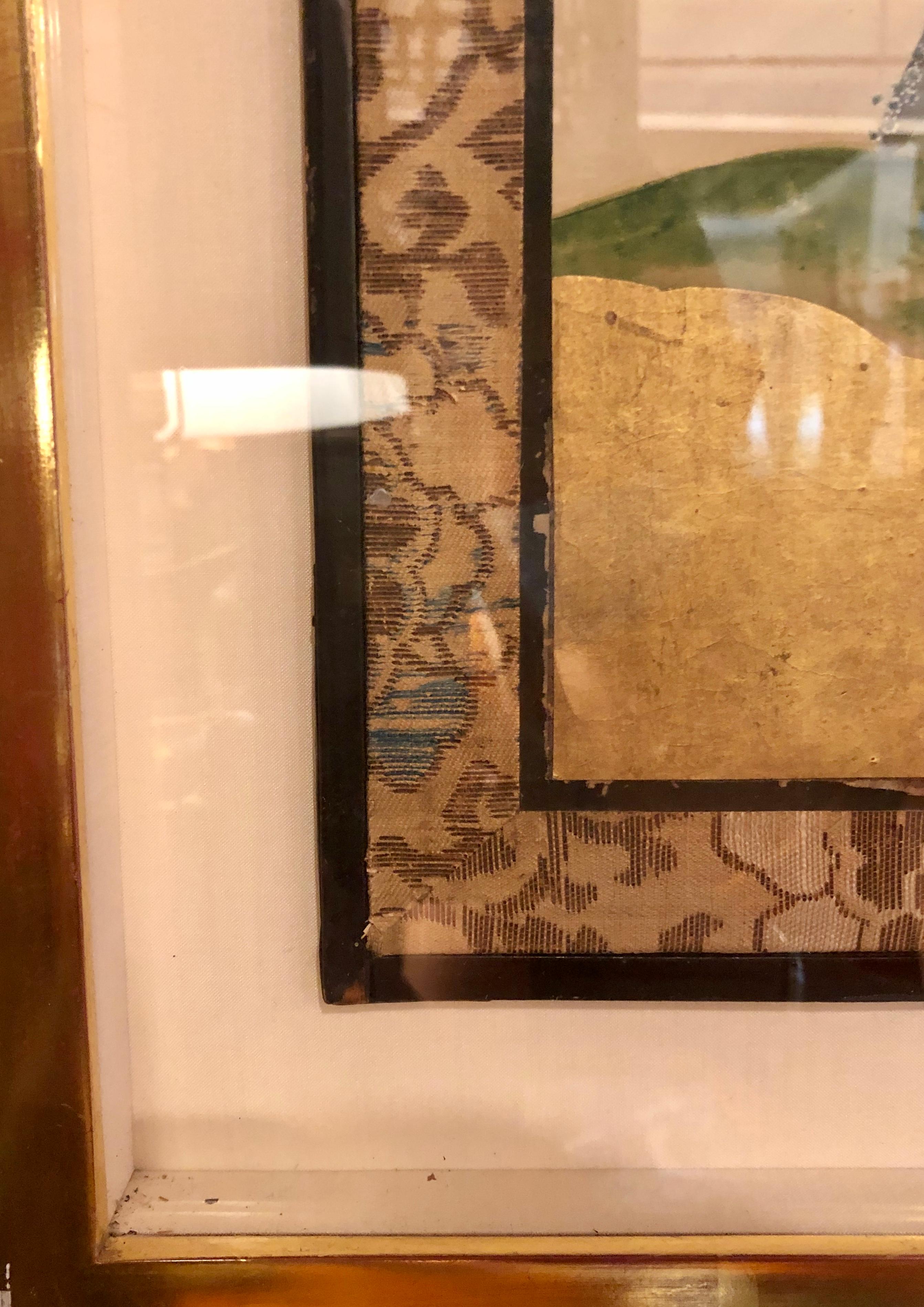 Japanese Brilliant Silk Gilt Screen Six-Panel Under Glass Gold Framed 6