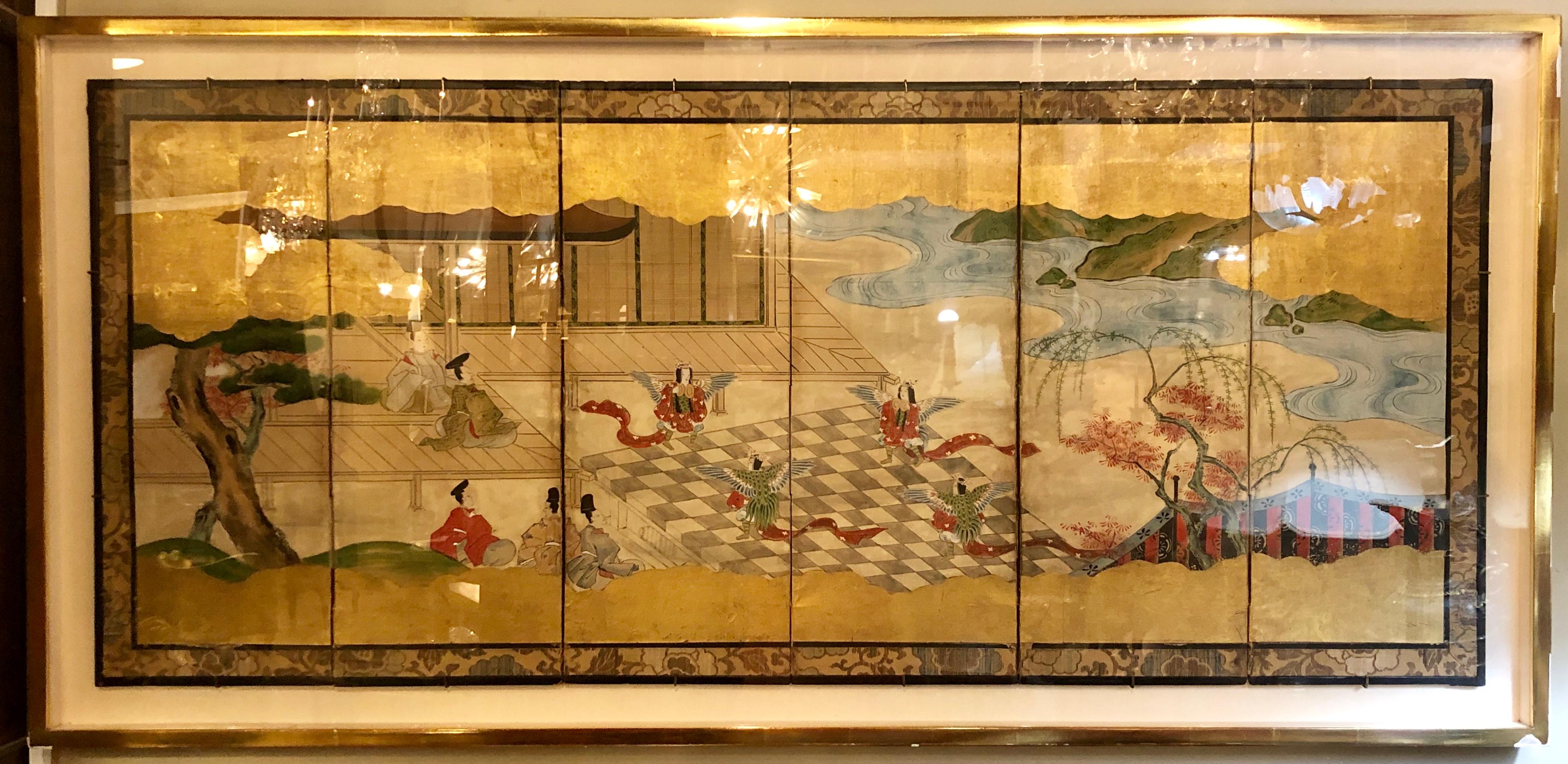 Japonisme Japanese Brilliant Silk Gilt Screen Six-Panel Under Glass Gold Framed