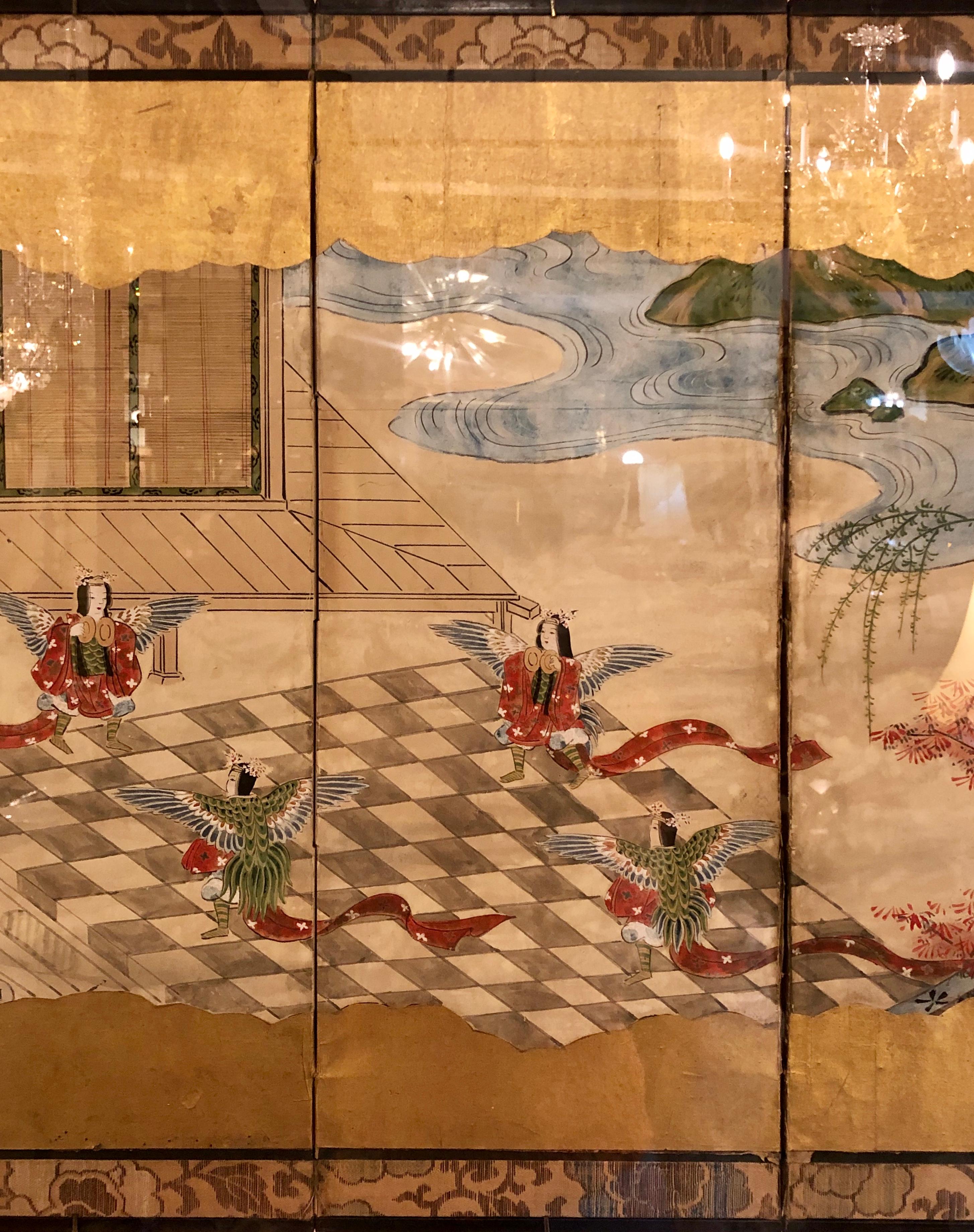 Hand-Painted Japanese Brilliant Silk Gilt Screen Six-Panel Under Glass Gold Framed