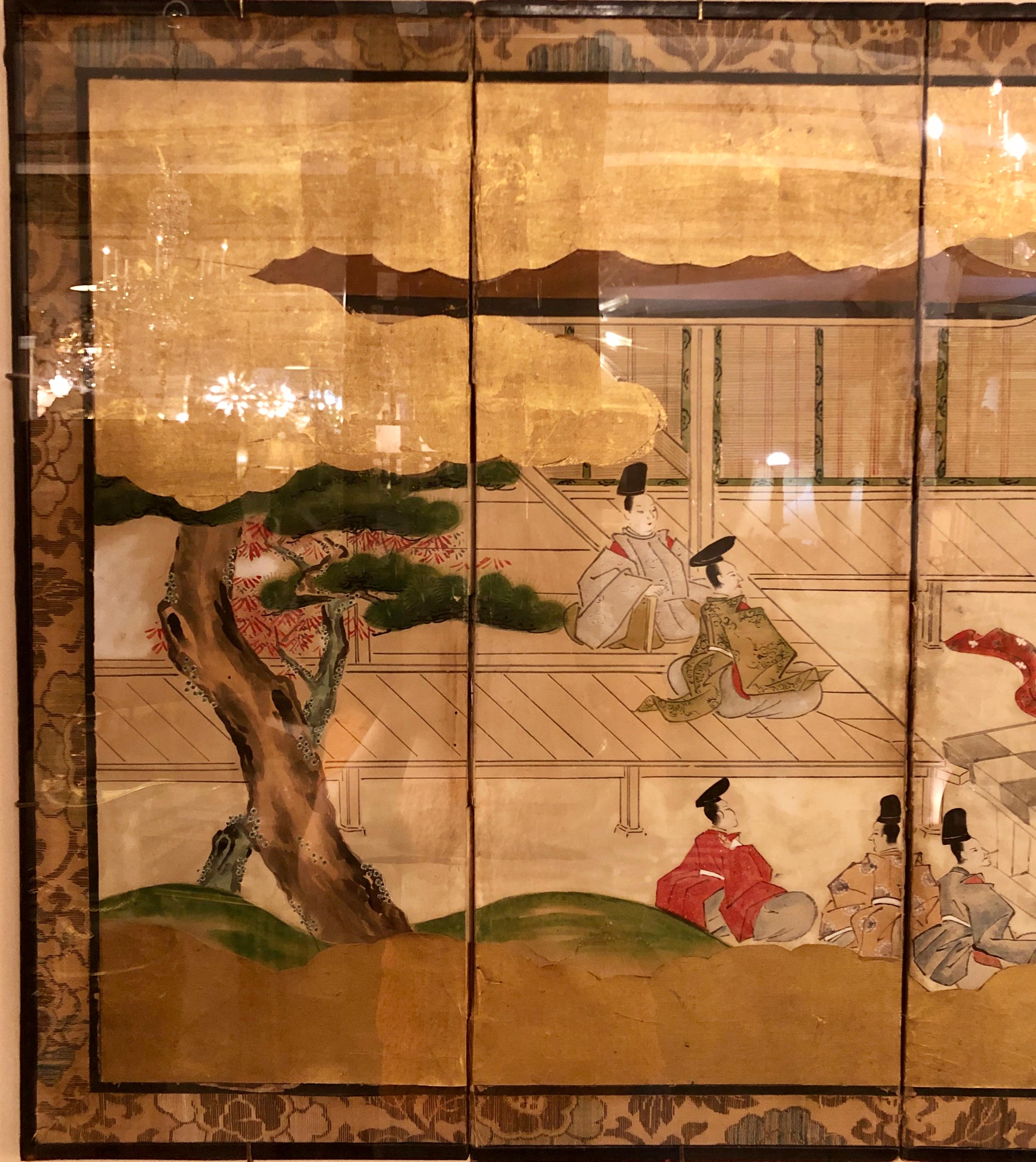 Japanese Brilliant Silk Gilt Screen Six-Panel Under Glass Gold Framed In Fair Condition In Stamford, CT