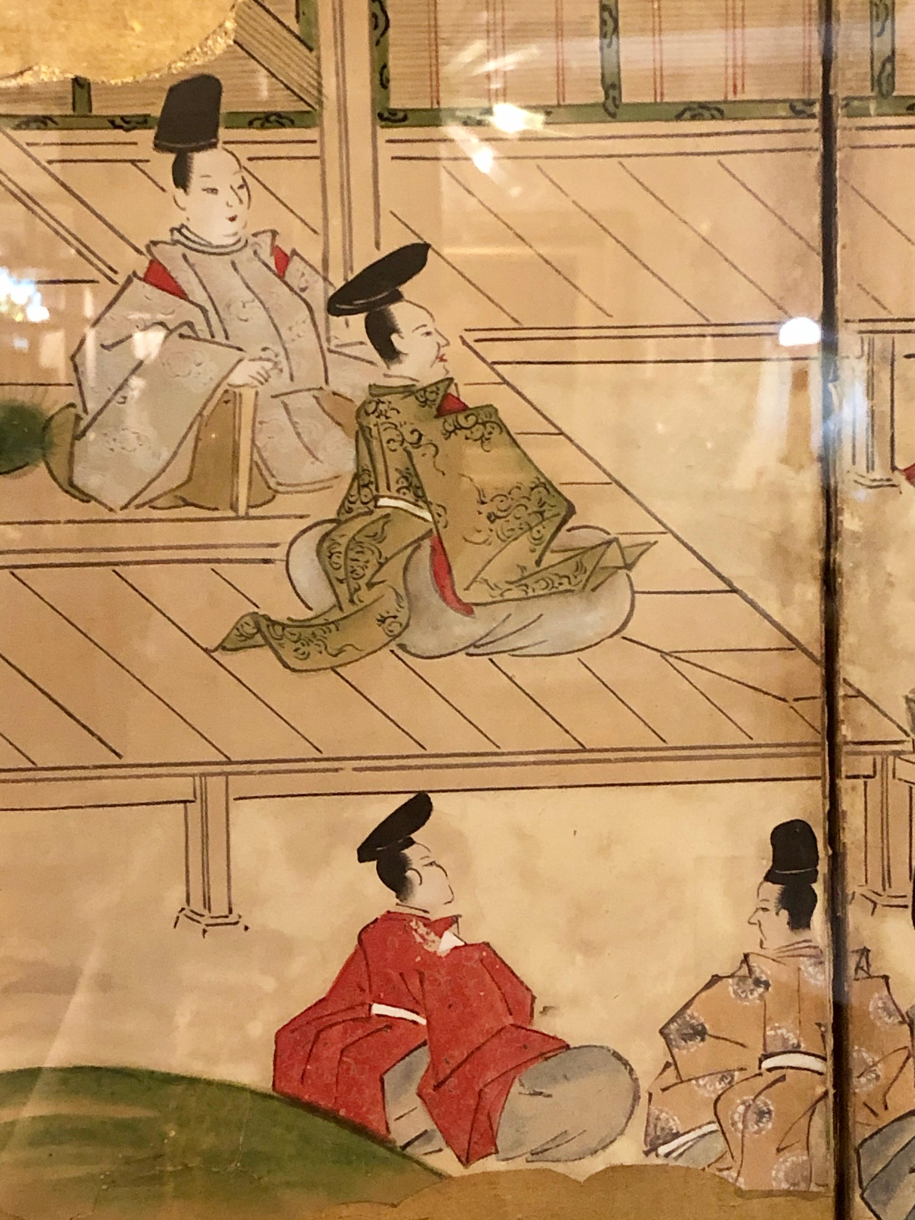 20th Century Japanese Brilliant Silk Gilt Screen Six-Panel Under Glass Gold Framed
