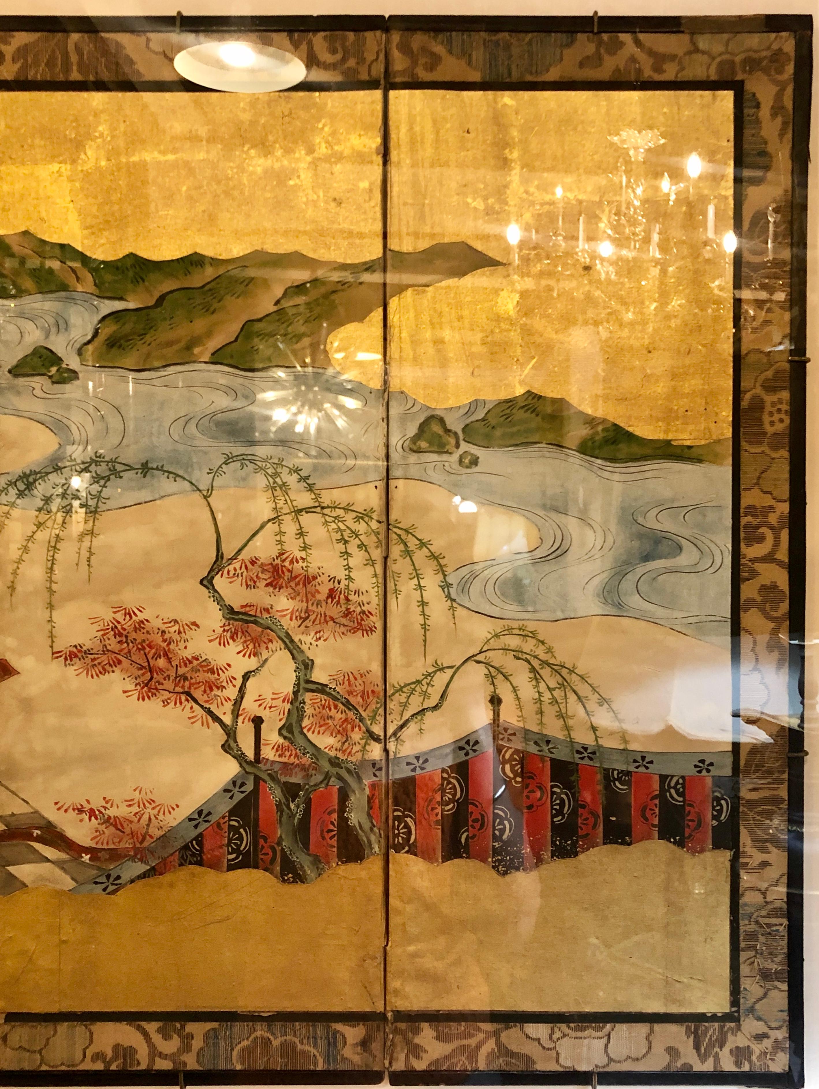 Giltwood Japanese Brilliant Silk Gilt Screen Six-Panel Under Glass Gold Framed