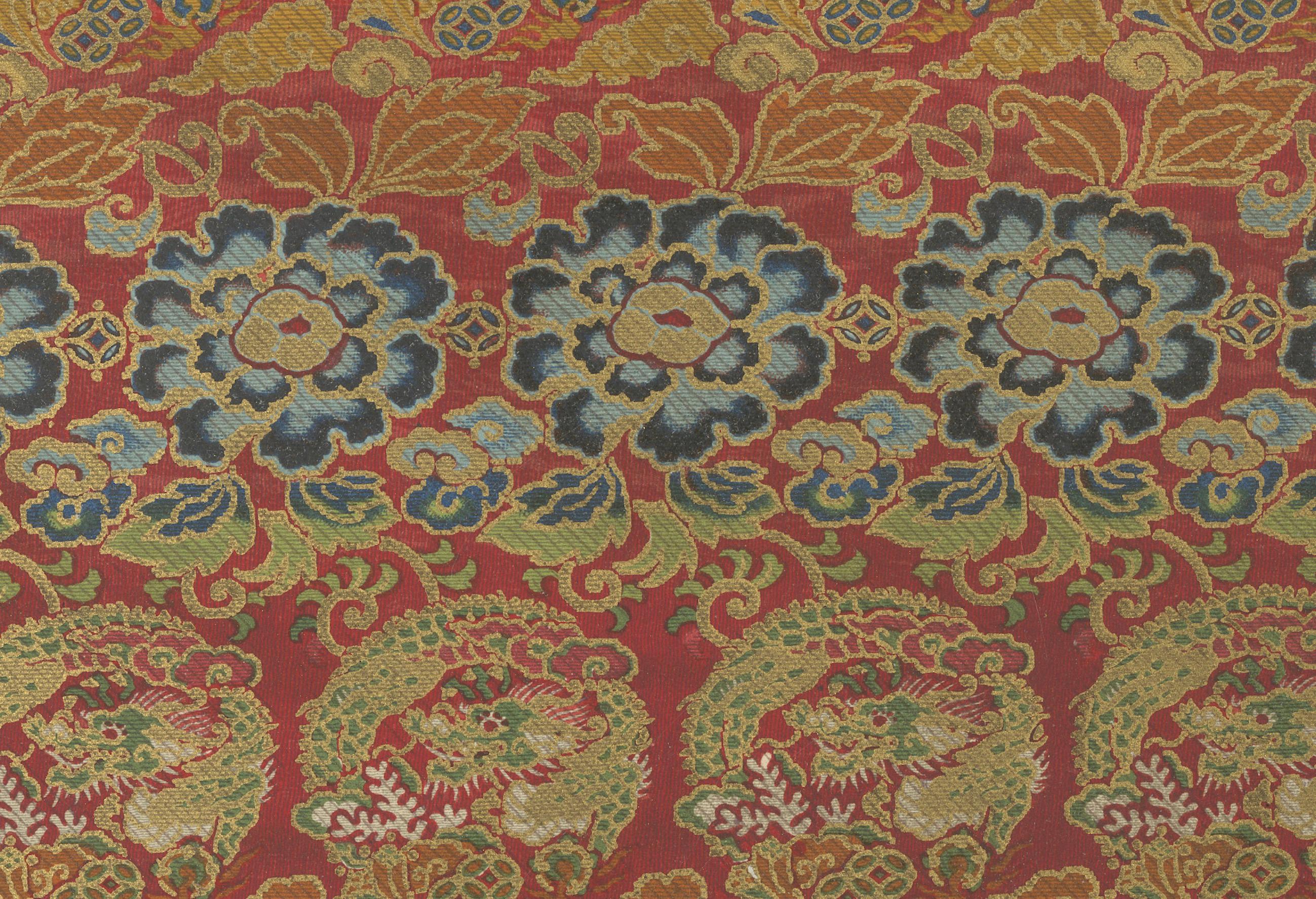 Titel: Japanische Brokatmuster in Rot und Gold: Antike Lithographie, 1880er Jahre

Diese außergewöhnliche Lithografie aus den 1880er Jahren zeigt zwei fesselnde japanische Textilmuster, die die raffinierte Eleganz und filigrane Schönheit des Designs