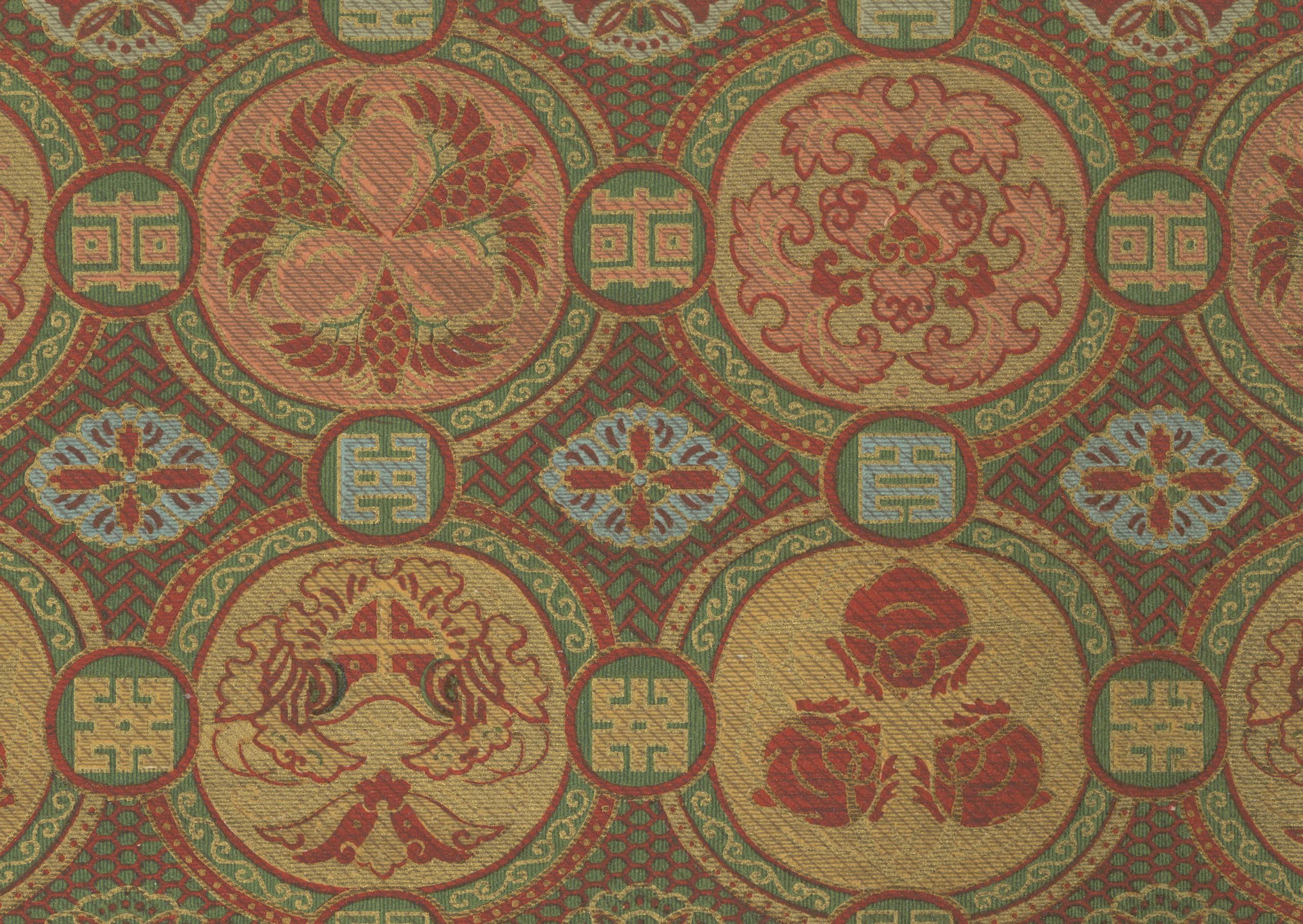 Japanische Brokatmuster in Rot und Gold: Antike Lithographie, 1880er Jahre im Zustand „Gut“ im Angebot in Langweer, NL