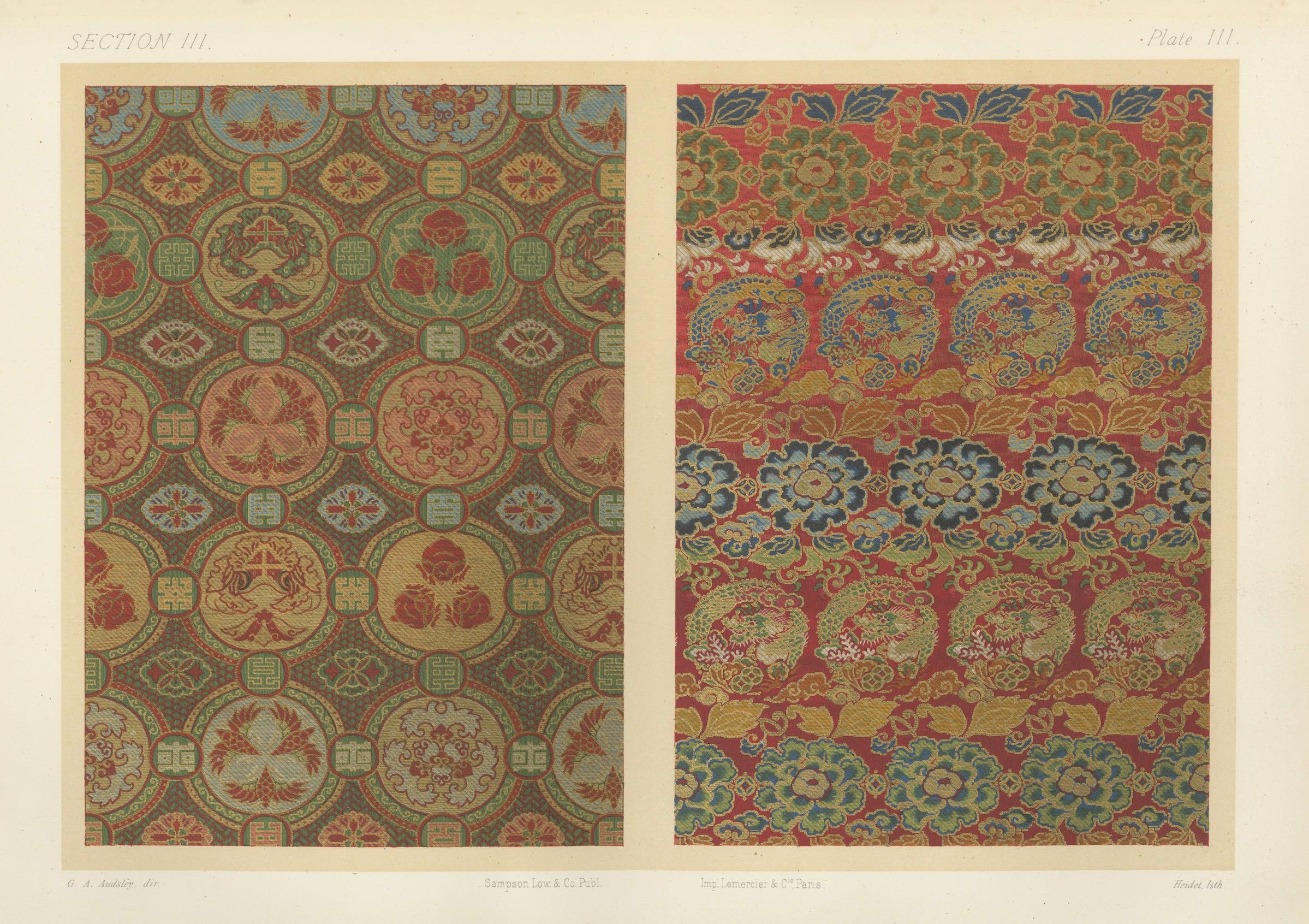 Japanische Brokatmuster in Rot und Gold: Antike Lithographie, 1880er Jahre im Angebot 1