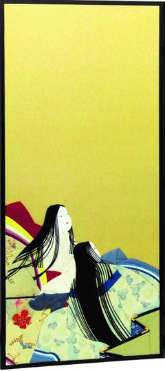 Japanese Brocade Silk Gilded Traditional Two-Panel Folding Screen