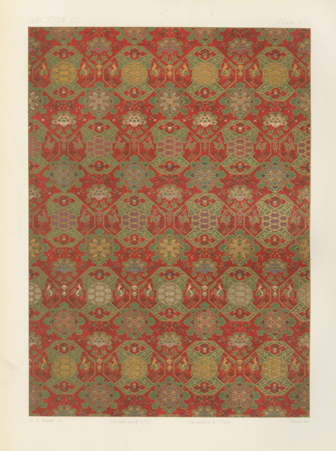 Japanischer Brokat mit mythischen Kreaturen: Antike Lithographie, 1880er Jahre im Angebot 1