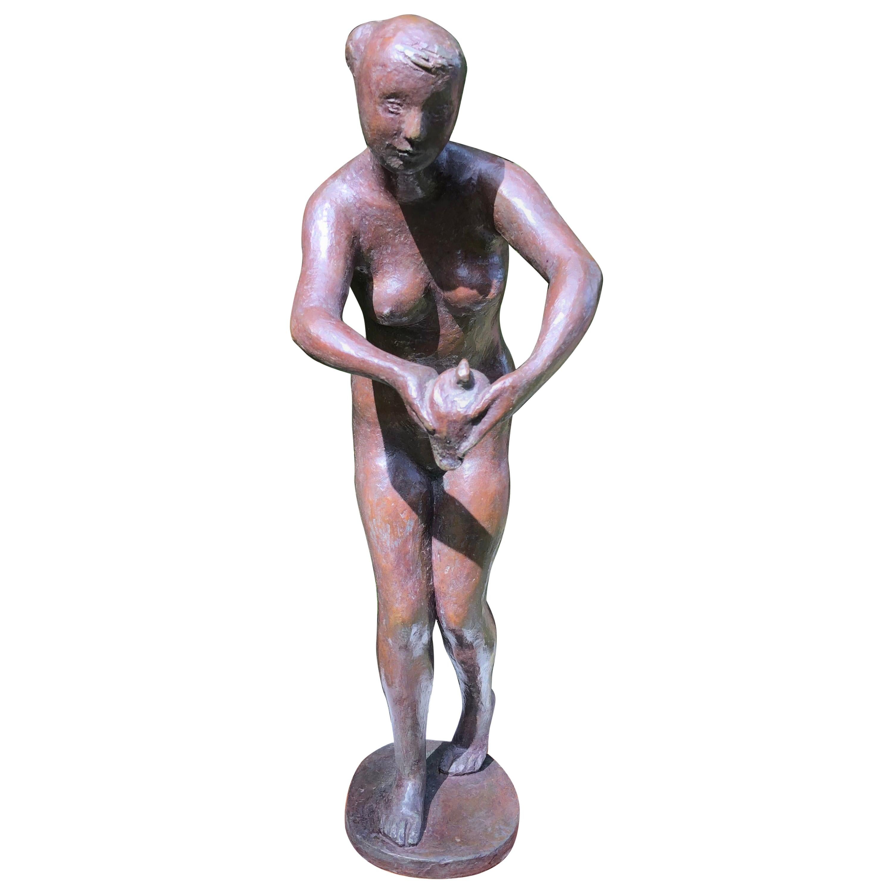 Japanese Bronze a Woman with Dove Midcentury Sculptor For Sale