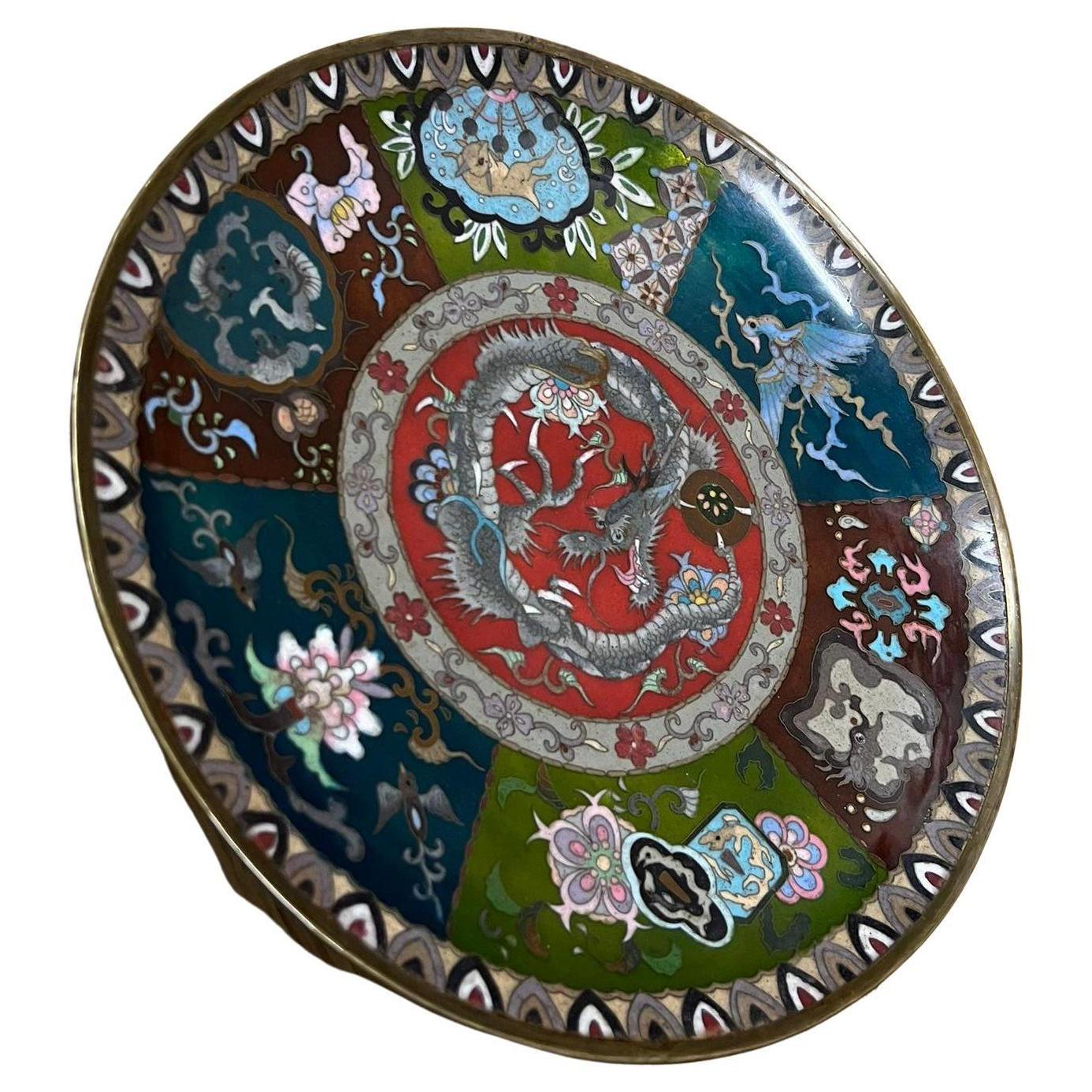 Japanese bronze and cloisonne dish/ plate with dragon, good original condition.