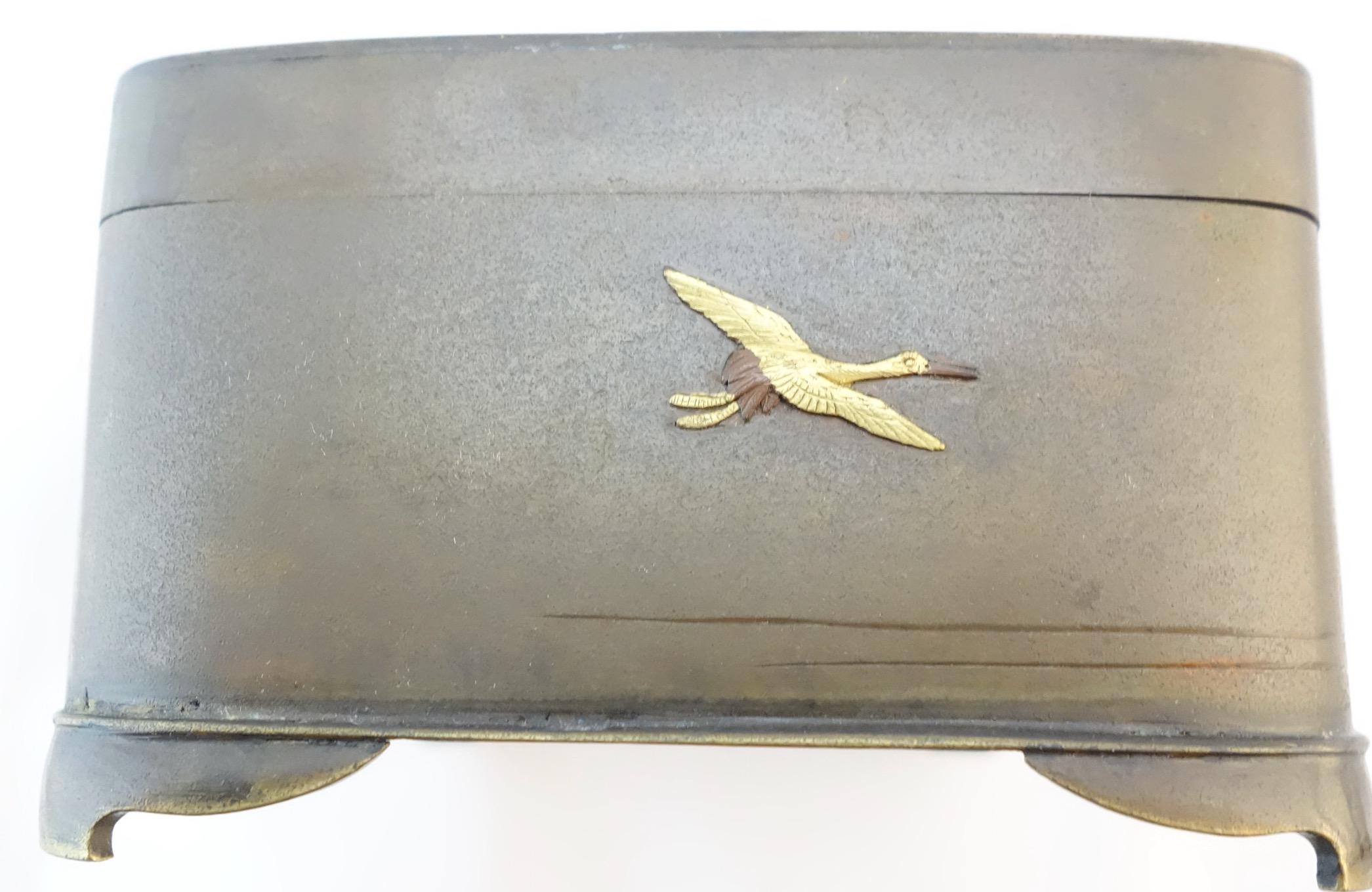 Japanese Bronze and Mixed Metal Shakudo Covered Box Mount Fuji View Meiji Period In Good Condition In Gainesville, FL