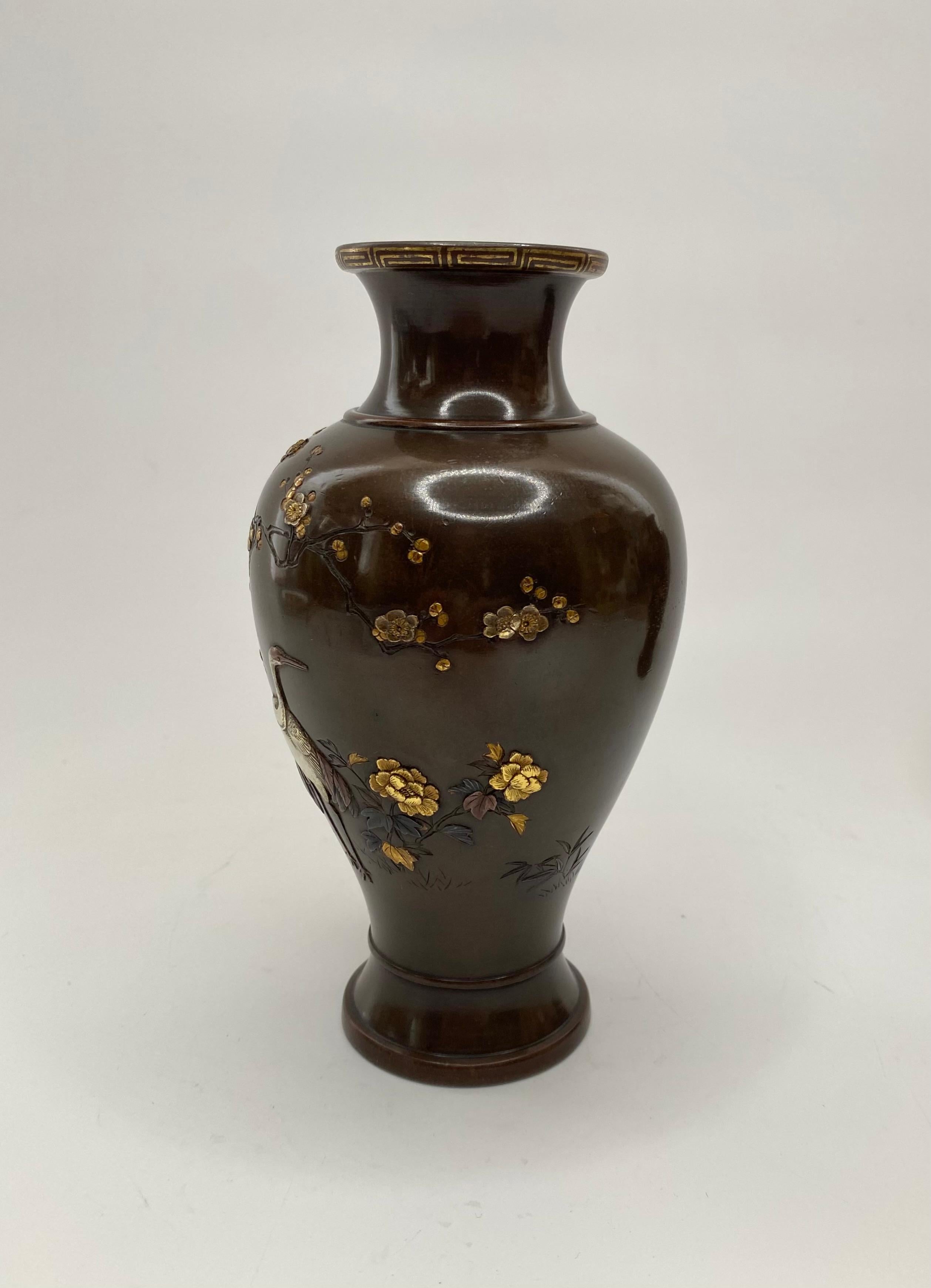 Bronze Japanese bronze and mixed metal vases, Inoue of Kyoto, Meiji Period. For Sale