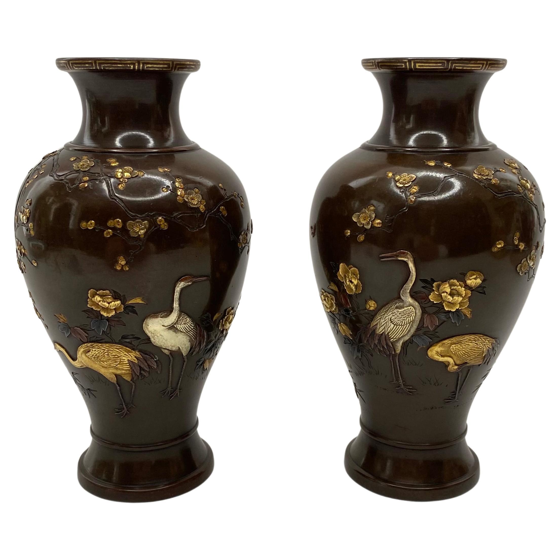 Japanese bronze and mixed metal vases, Inoue of Kyoto, Meiji Period.