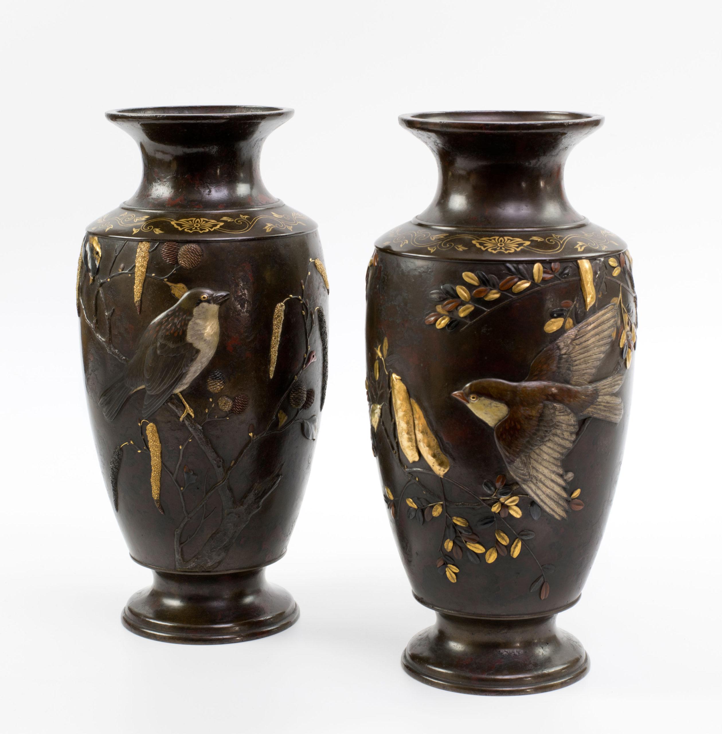 As part of our Japanese works of art collection we are delighted to offer this most majestic pair of Meiji Period 1868-1912 multi patinated vases by the highly regarded Imperial artist Suzuki Chokichi, his art name Kako, here Chokichi has used his