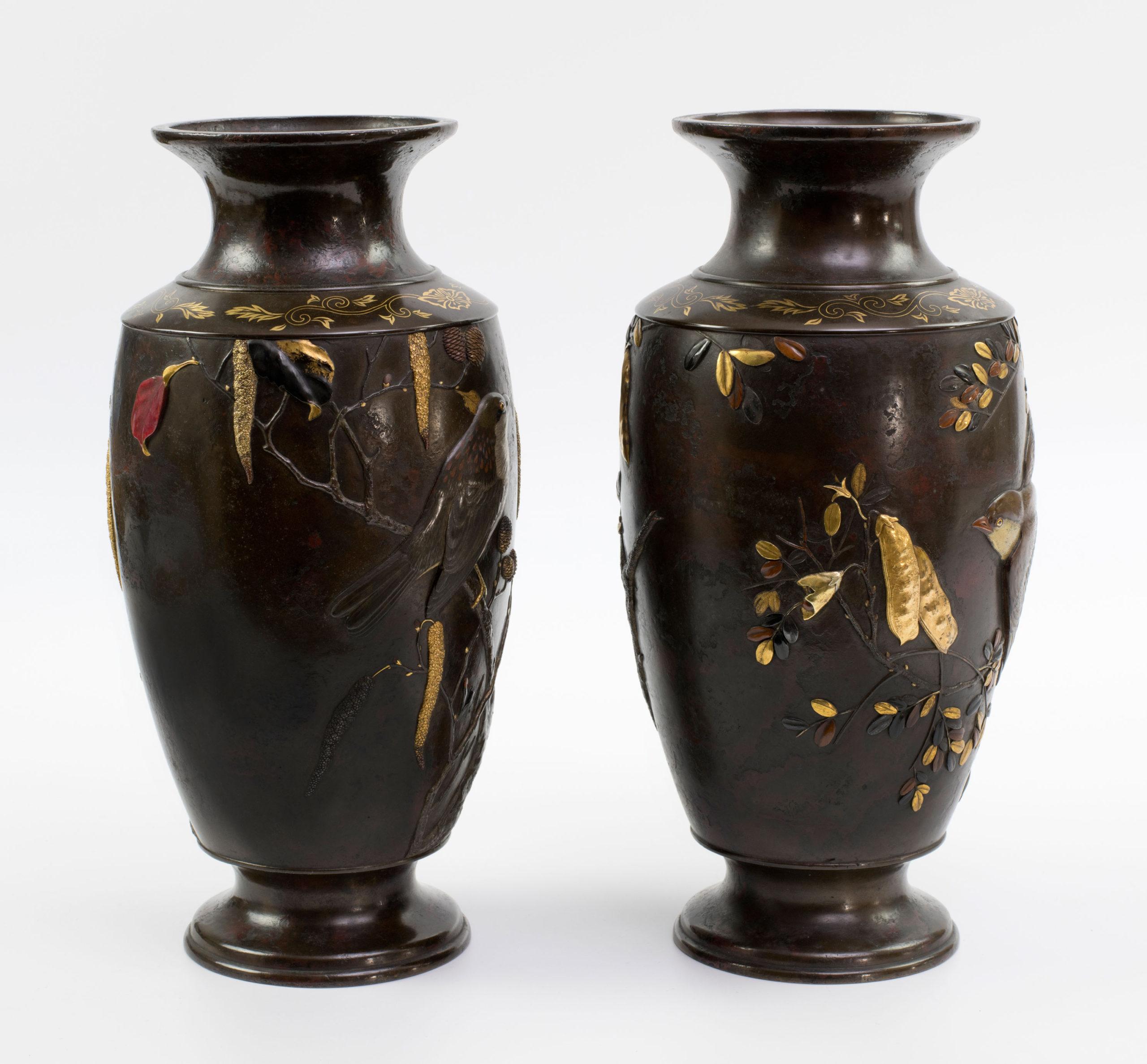 Meiji Japanese Bronze and Mixed Metal Vases, Suzuki Chokichi